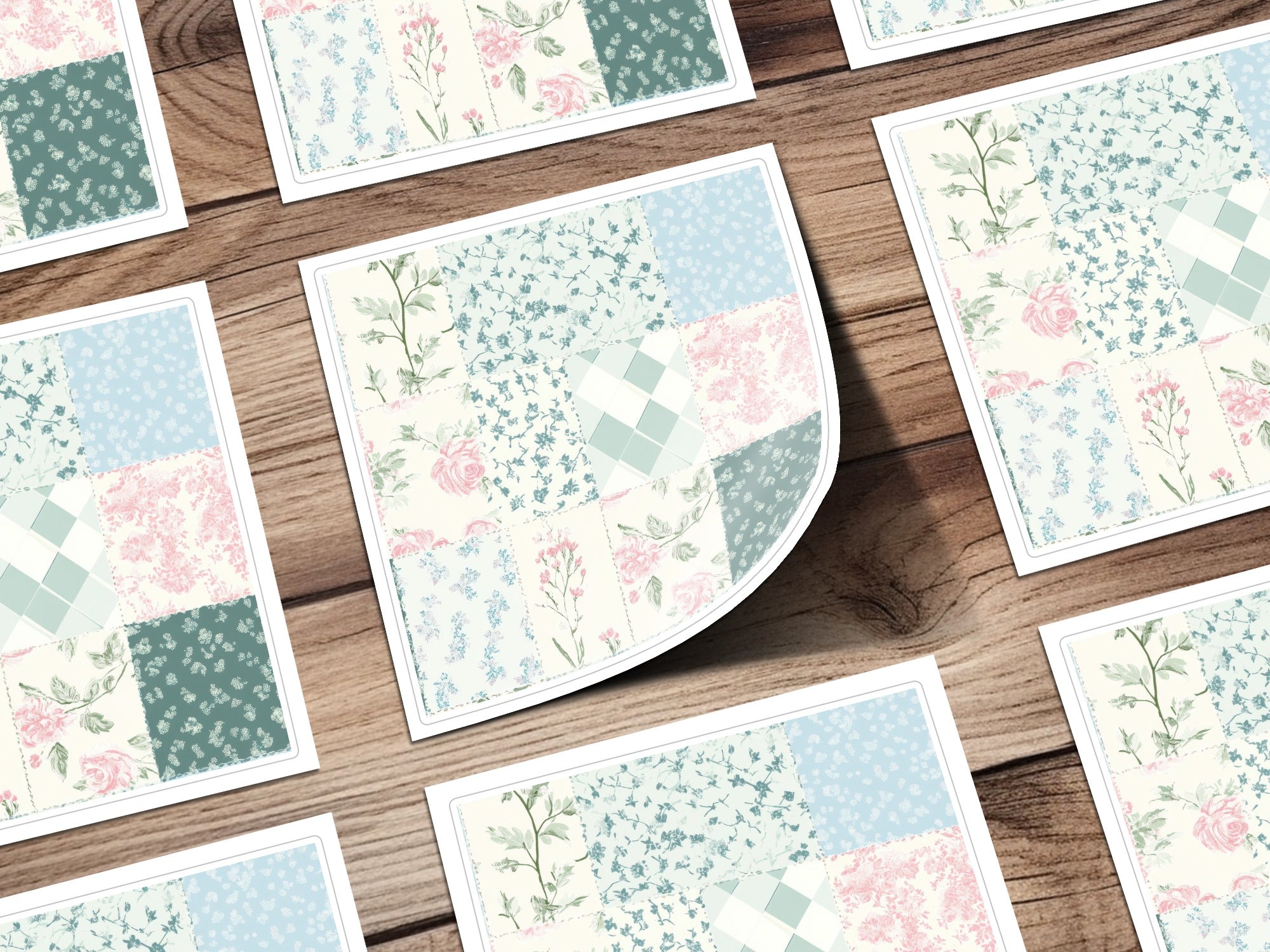 Vintage Floral and Plaid Patchwork Design Card Set