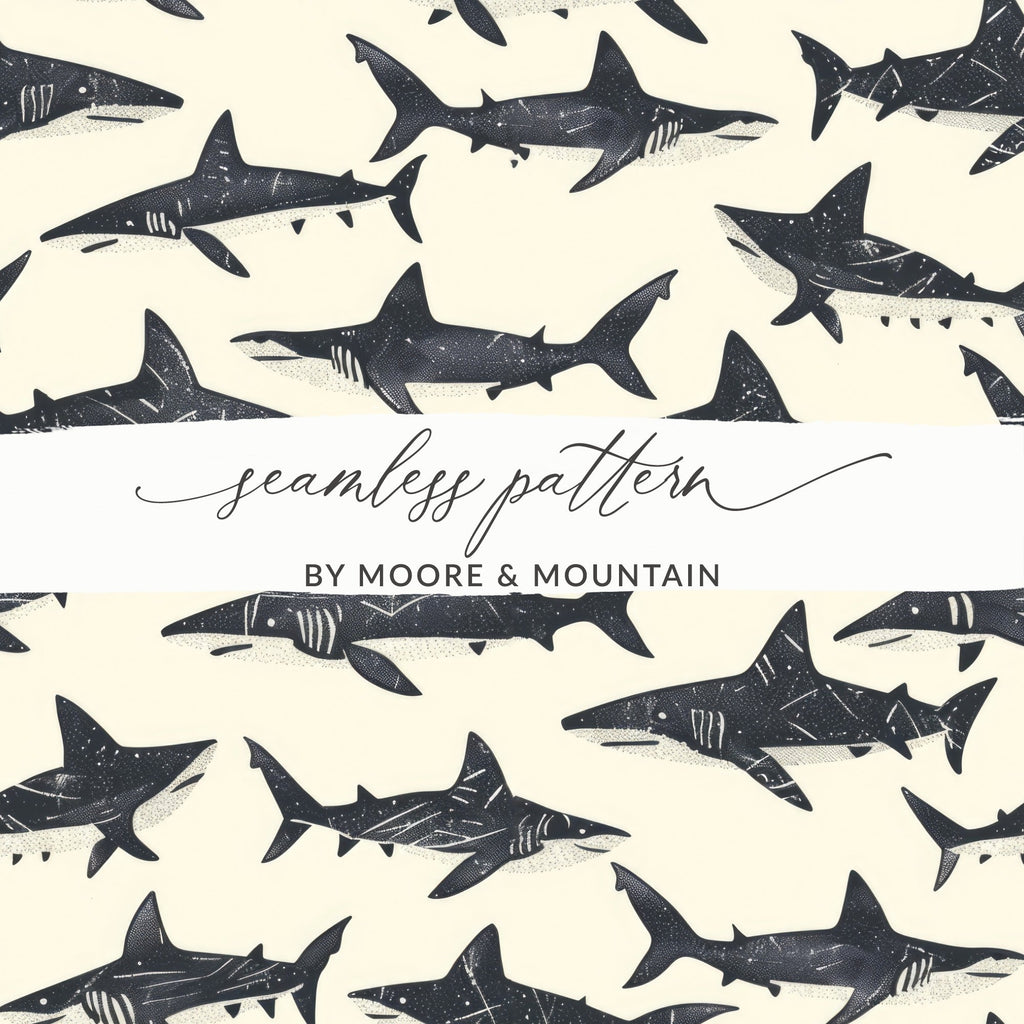Shark Seamless Pattern, Ocean Animal Digital Paper, Dark Sharks Print, Nautical Fabric Design, Commercial Use Digital Download - Moore and Mountain