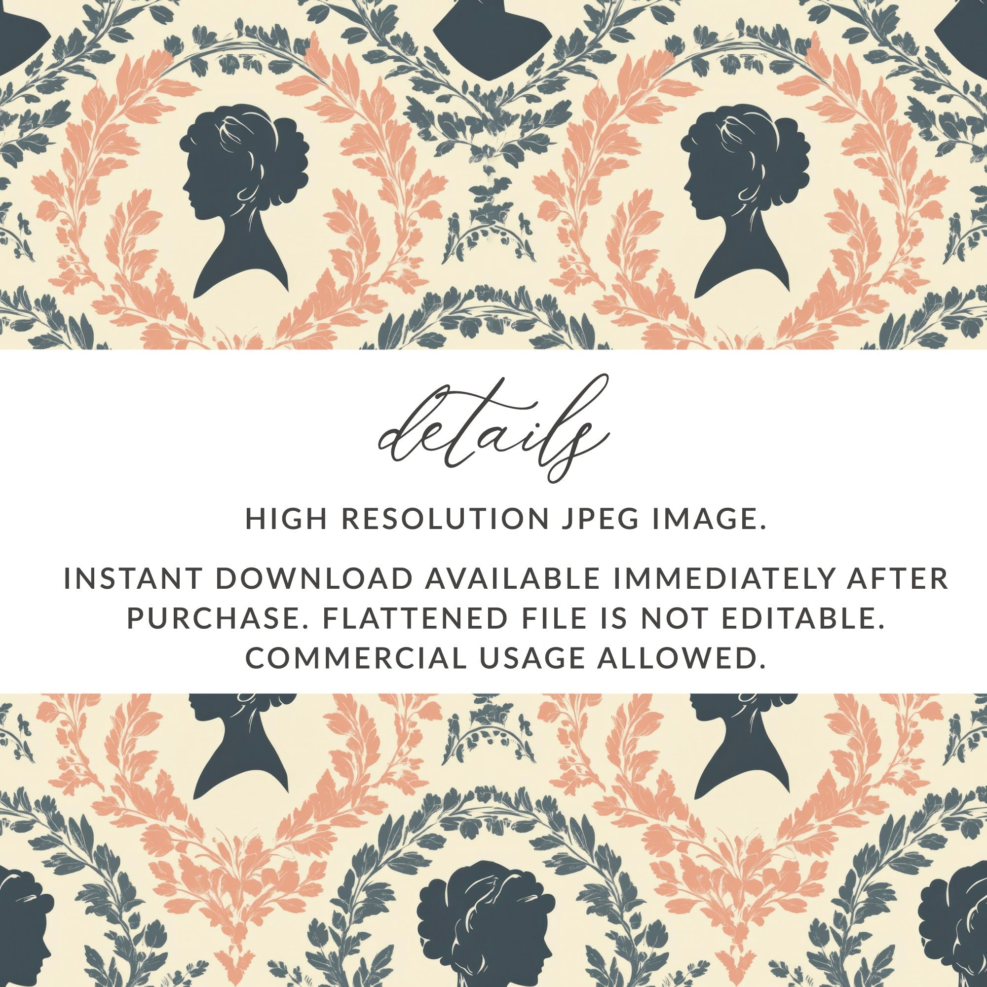 Silhouette Pattern Digital Paper, Seamless Portrait Texture, Floral Lady Vector Repeat, JPEG Files, Scrapbooking Backgrounds - Moore and Mountain