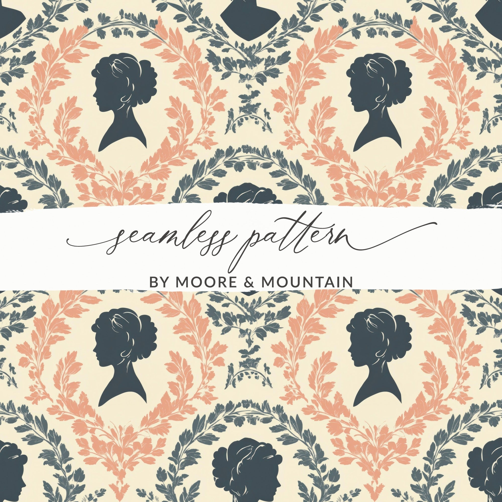 Silhouette Pattern Digital Paper, Seamless Portrait Texture, Floral Lady Vector Repeat, JPEG Files, Scrapbooking Backgrounds - Moore and Mountain