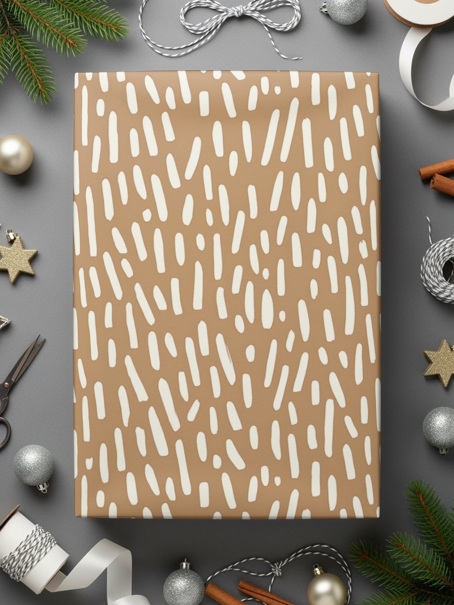 Festive Beige and White Abstract Decorative Wrapped Gift