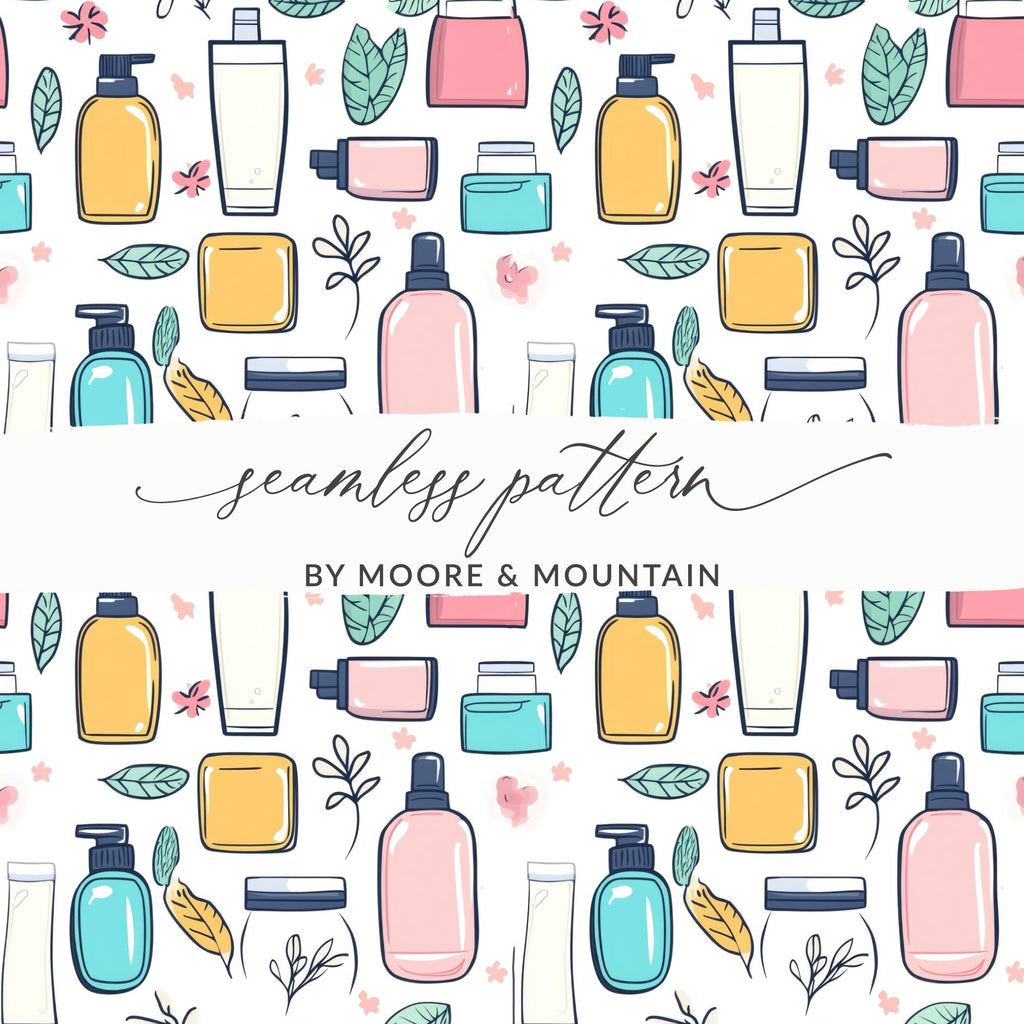 Skincare Pattern Digital Paper, Pastel Cosmetics Seamless Design, Beauty Product Illustration, Aesthetic Planner Background - Moore and Mountain