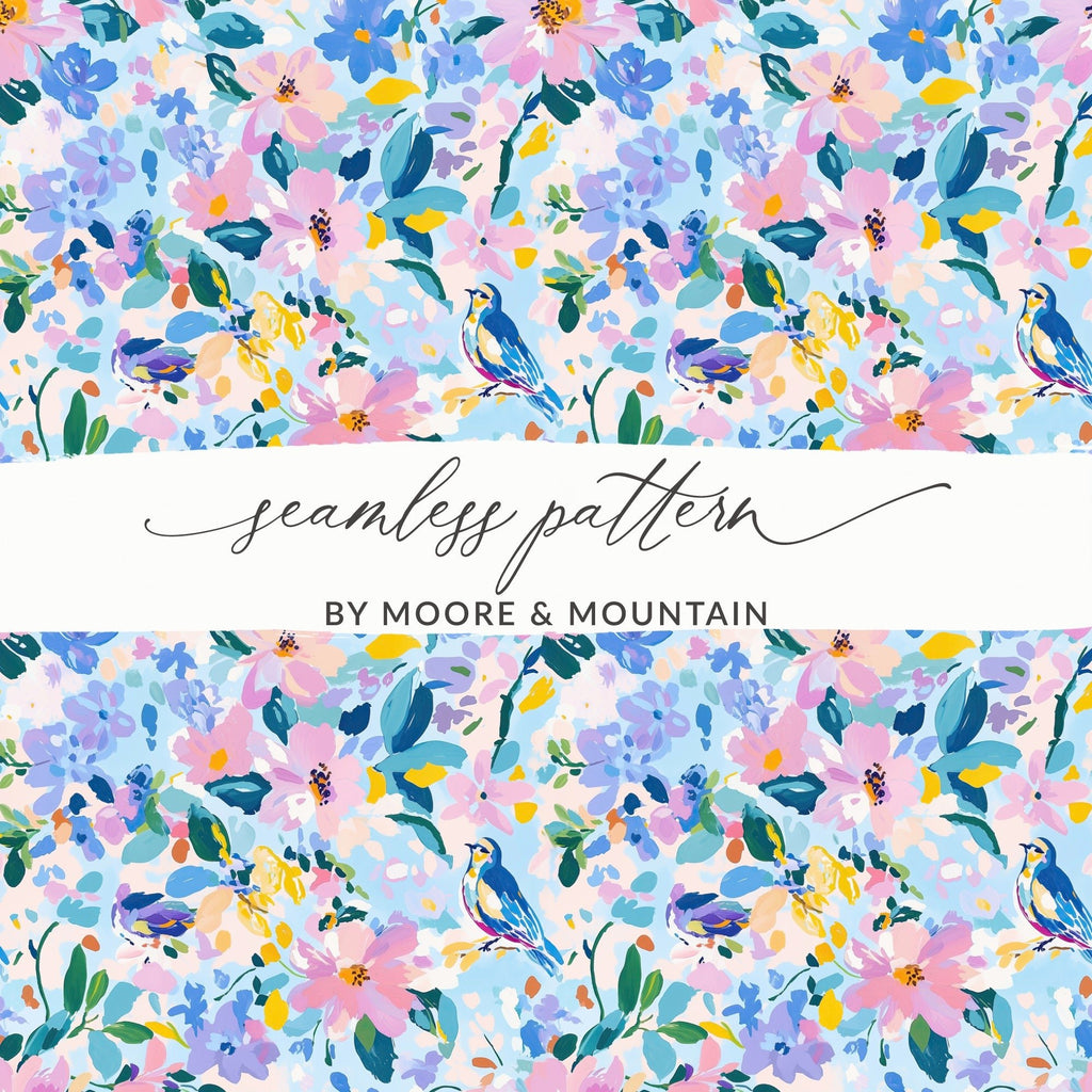 Spring Blue Bird Among Pastel Floral Abstract Pattern | Seamless Digital Image | Instant Download - Moore and Mountain