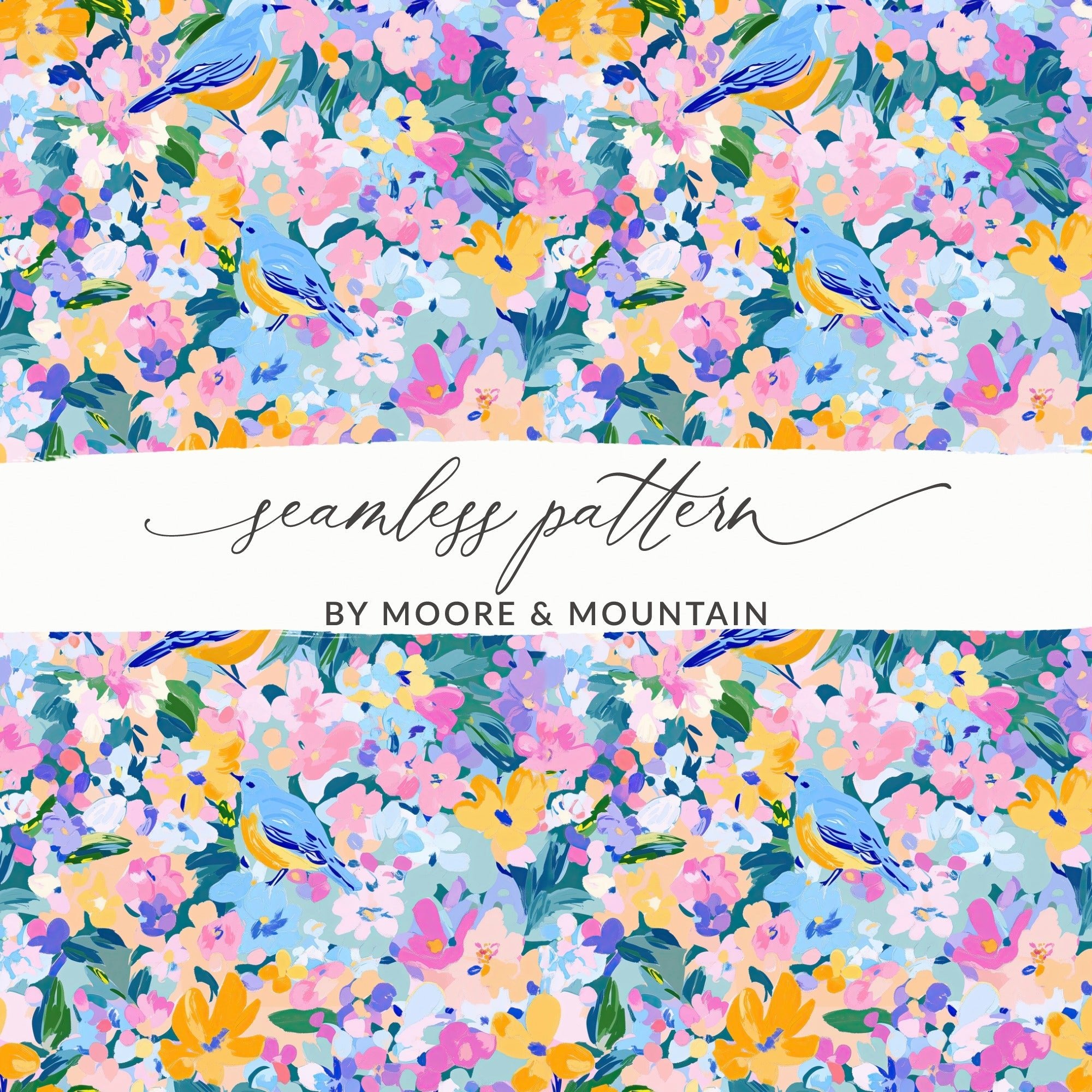 Spring Bluebird and Bloom Symphony Floral Fantasy | Digital Art Print | Impressionistic Floral Pattern - Moore and Mountain