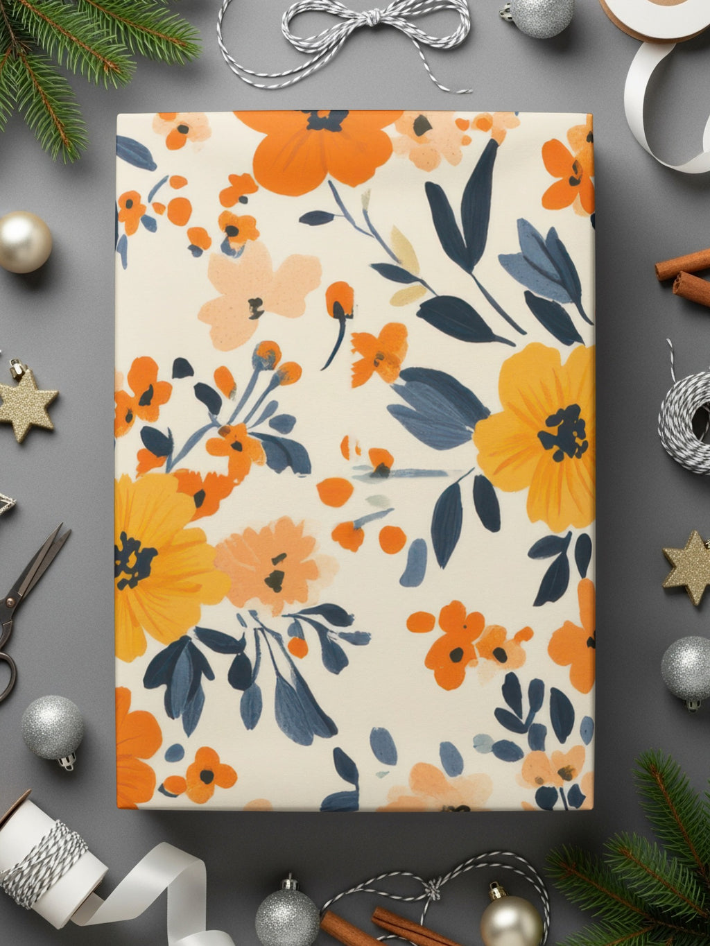 Festive Orange and Blue Floral Gift Wrap Paper