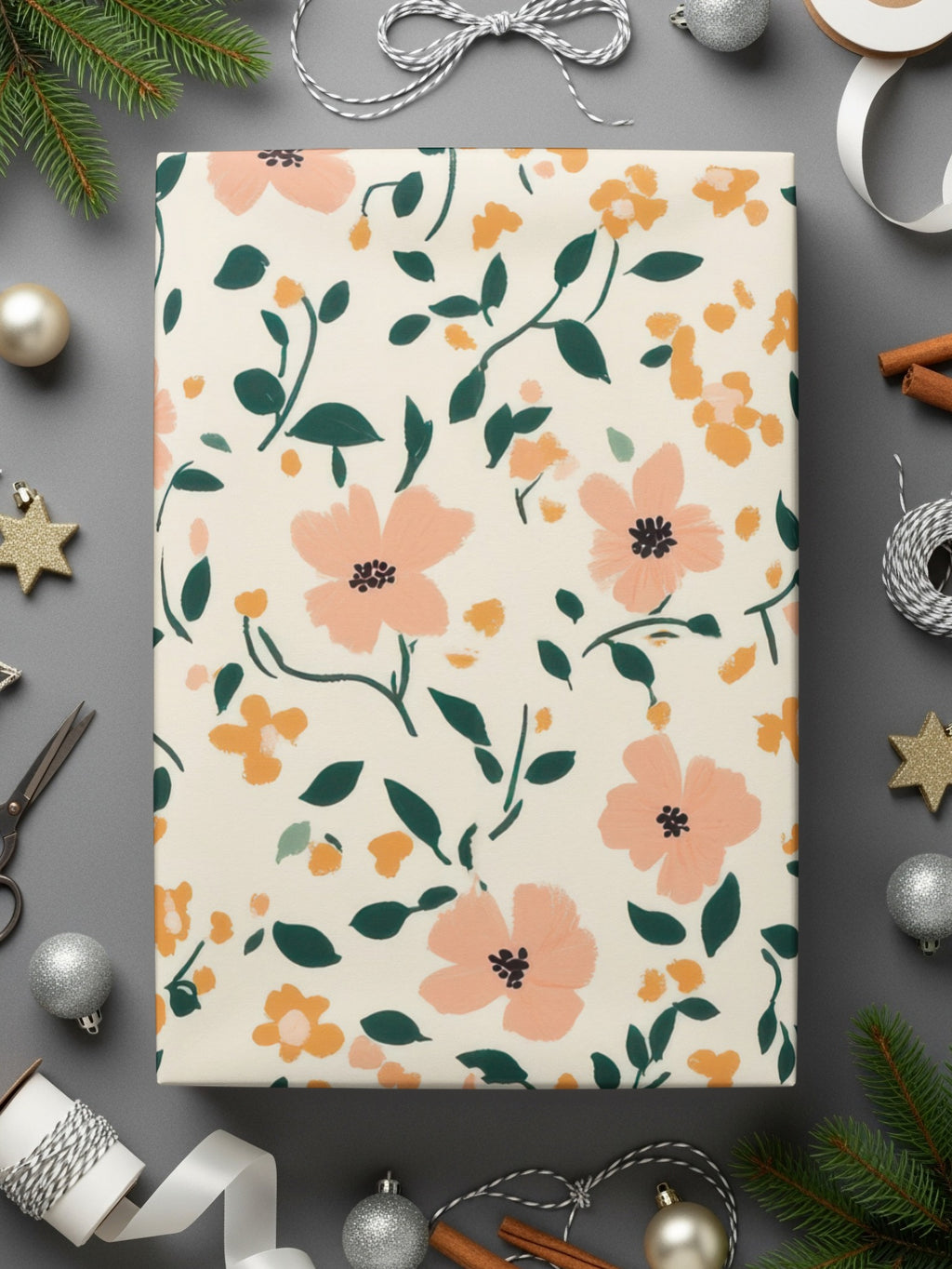 Floral Gift Wrap with Pink and Green Flowers Design