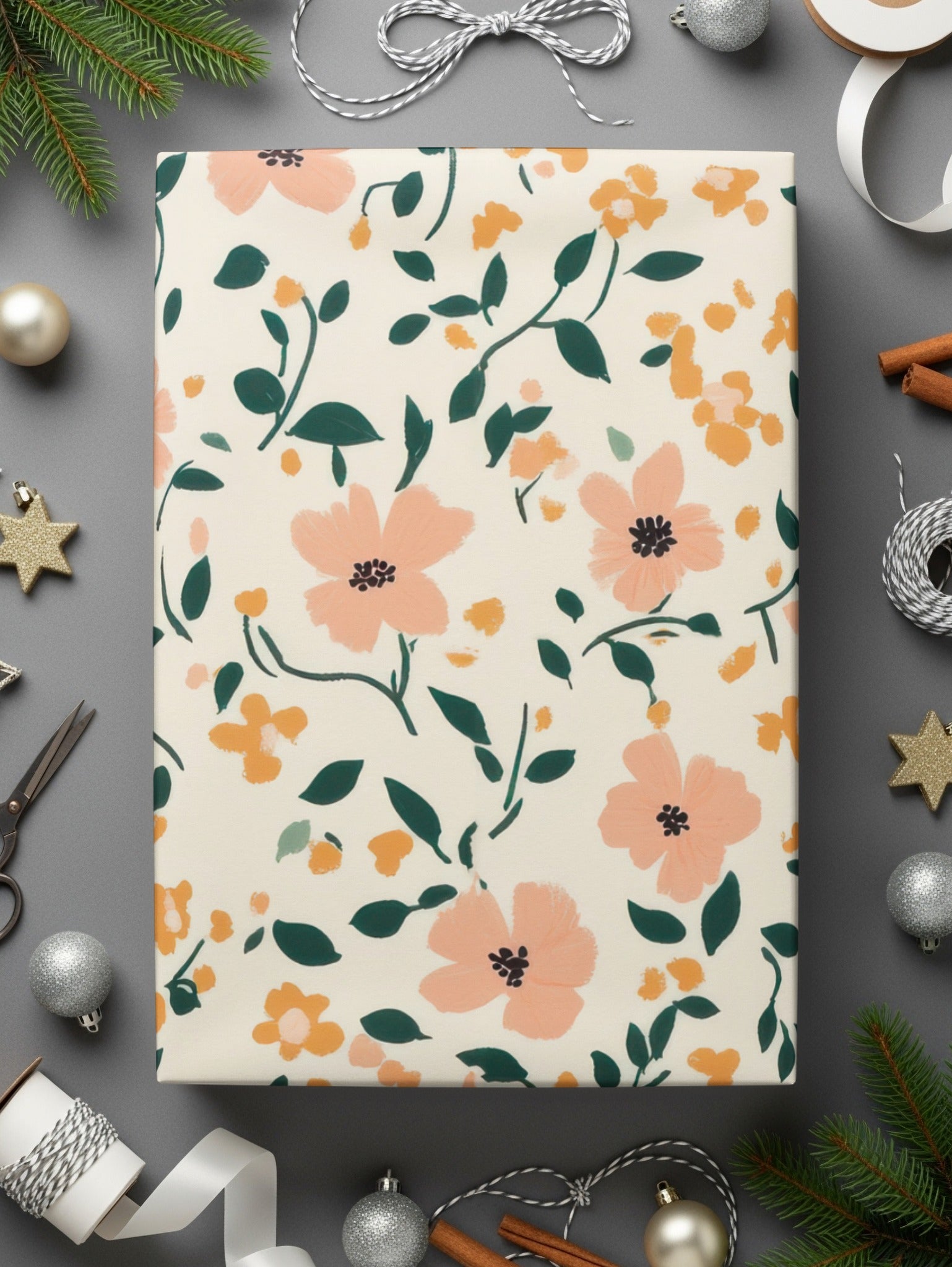 Floral Gift Wrap with Pink and Green Flowers Design