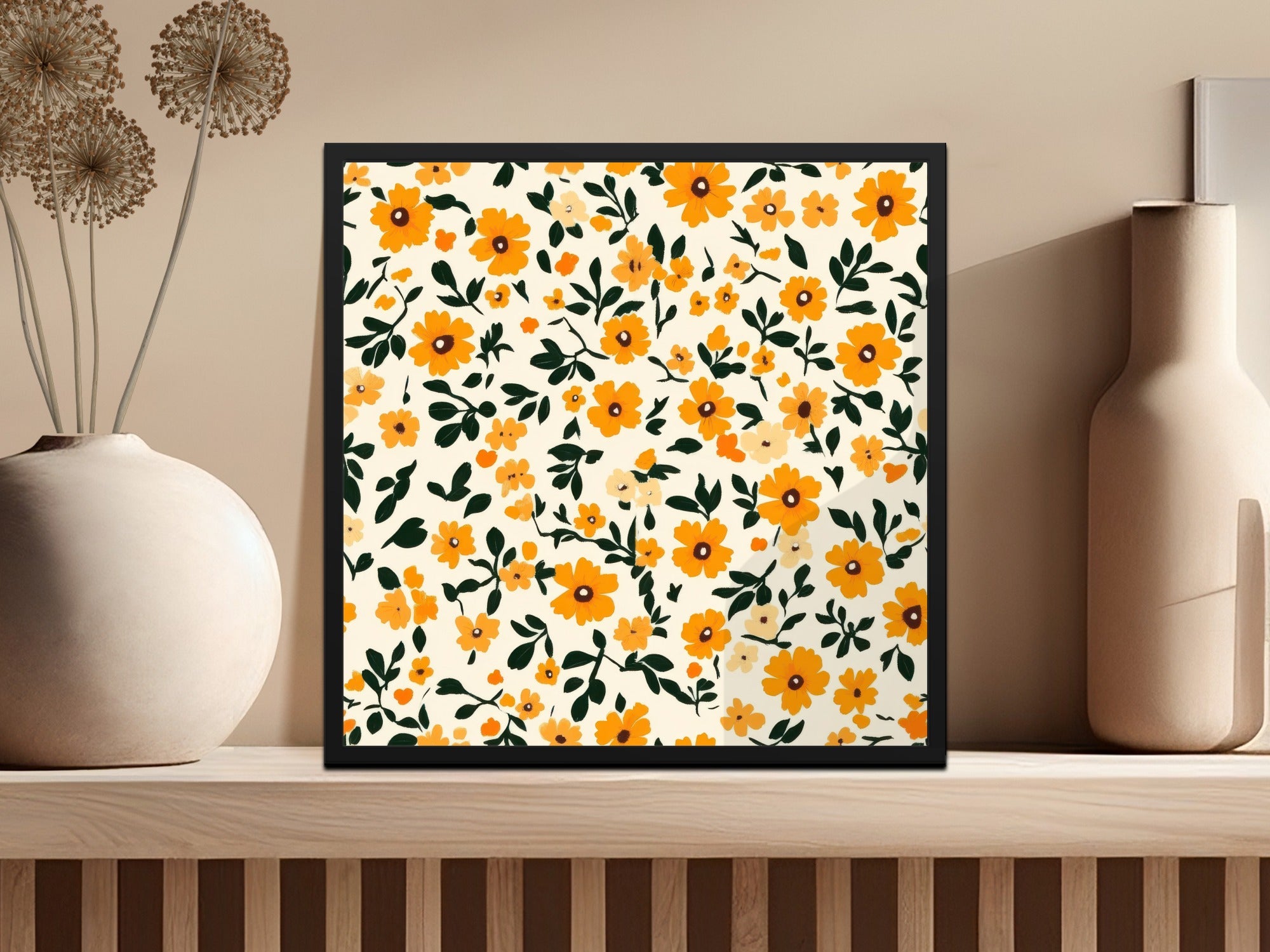 Vibrant Yellow Floral Pattern Wall Art Framed Decor