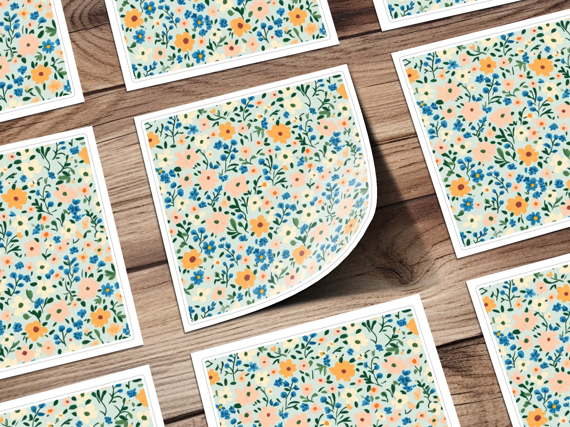 Vibrant Floral Pattern with Blue and Orange Flowers Sticker