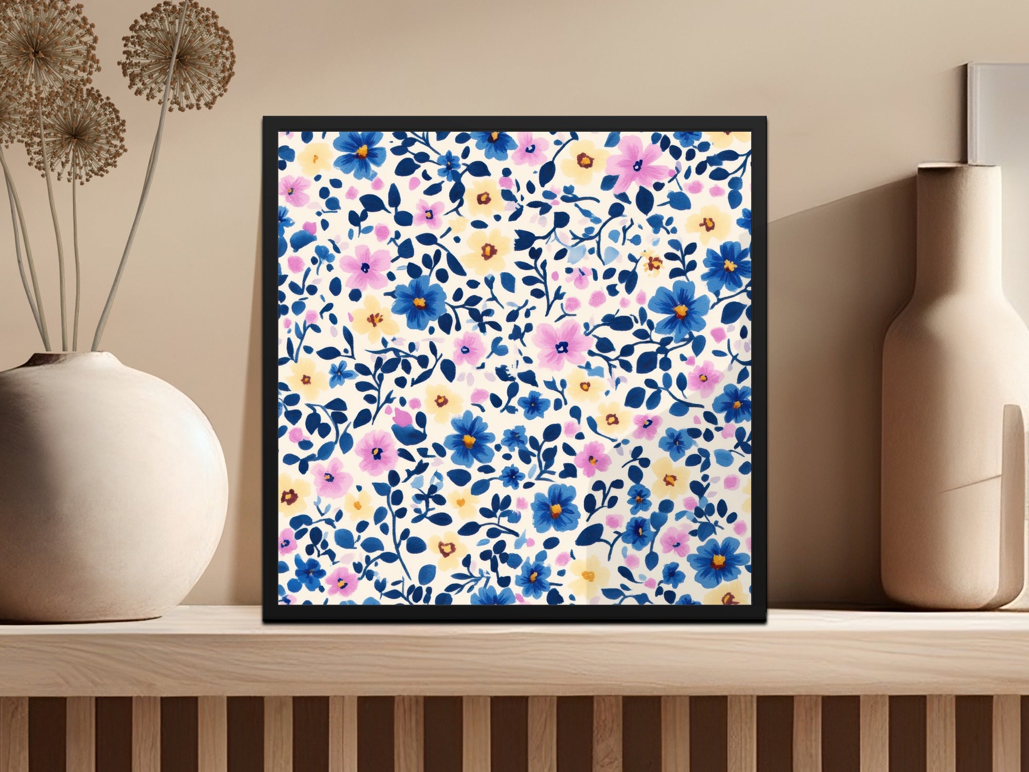 Floral Pattern Art Print with Pink and Blue Flowers