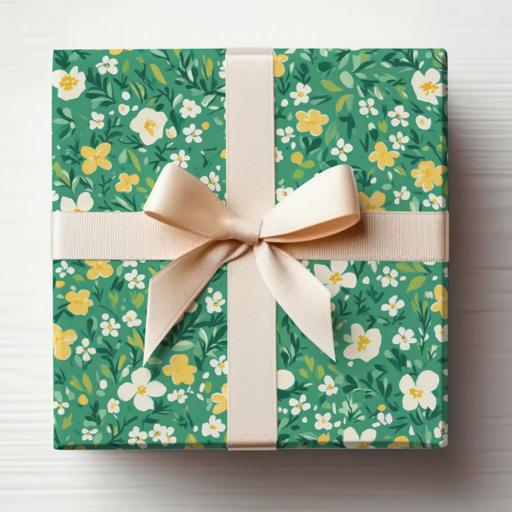 Elegant Green Floral Gift Box with Cream Ribbon Product