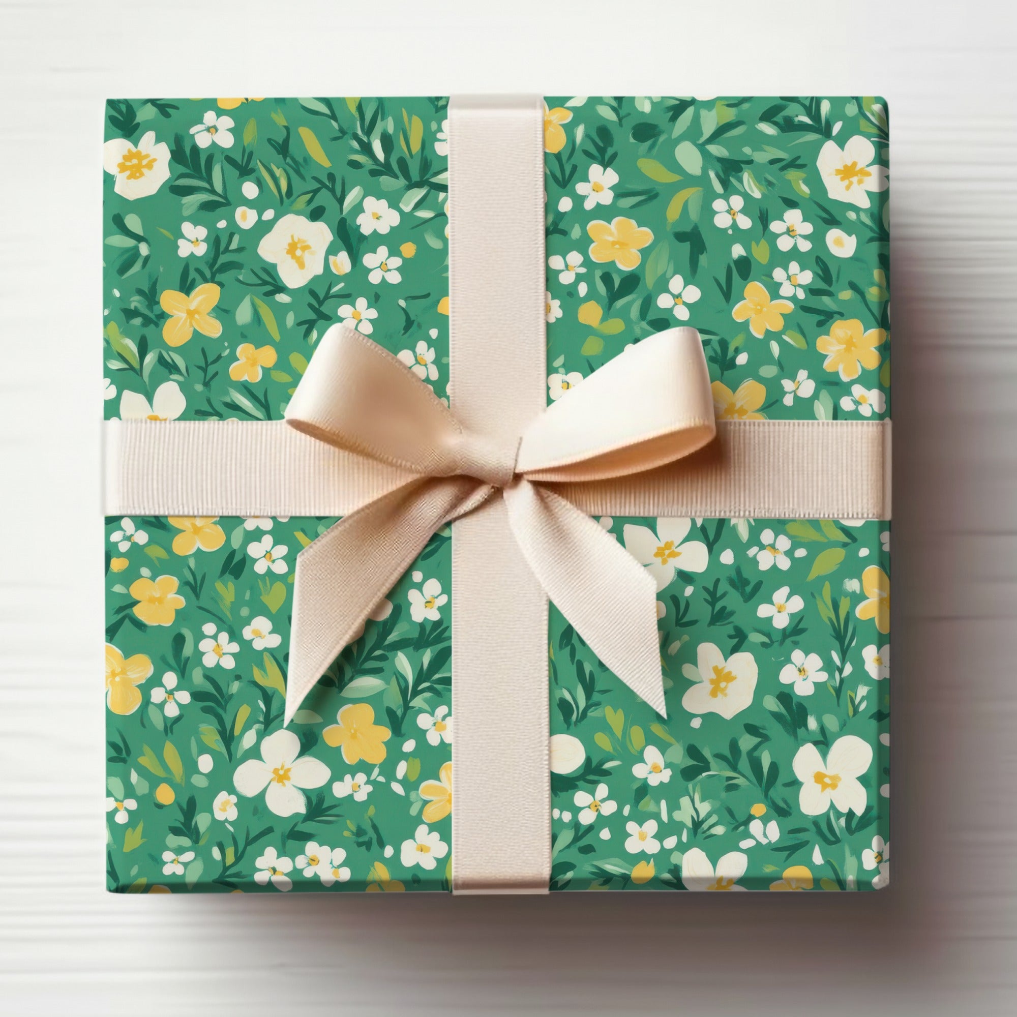 Elegant Green Floral Gift Box with Cream Ribbon Product