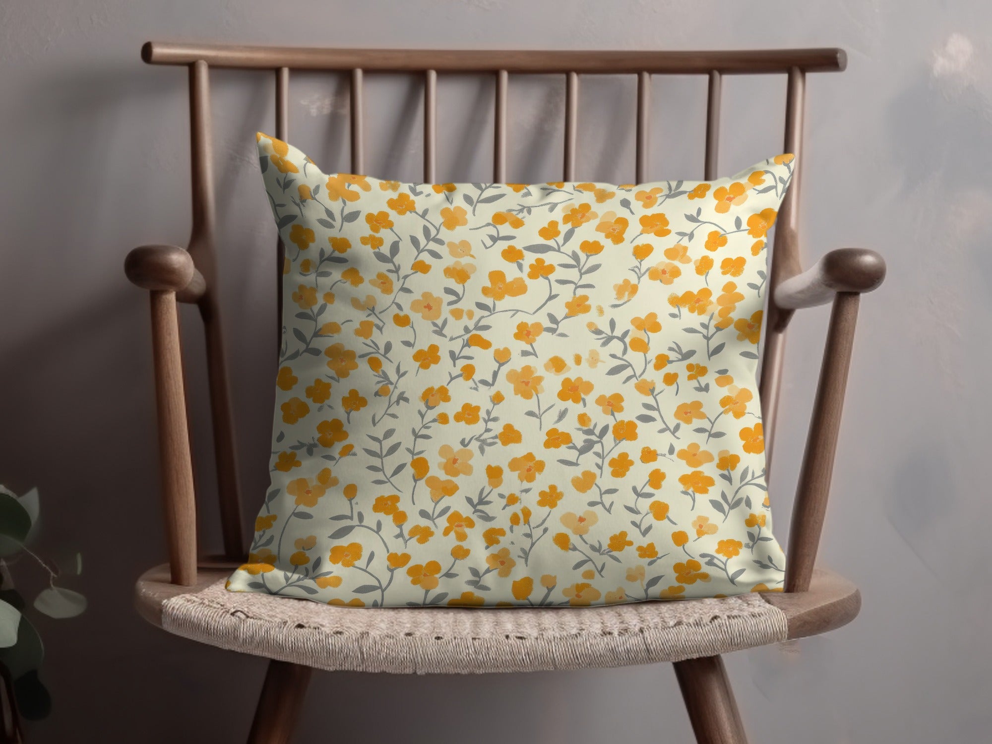 Yellow Floral Print Decorative Cushion for Home Décor