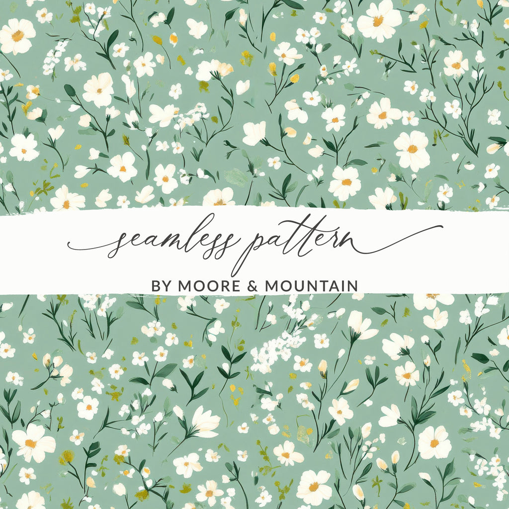 Floral Green and White Seamless Pattern Design