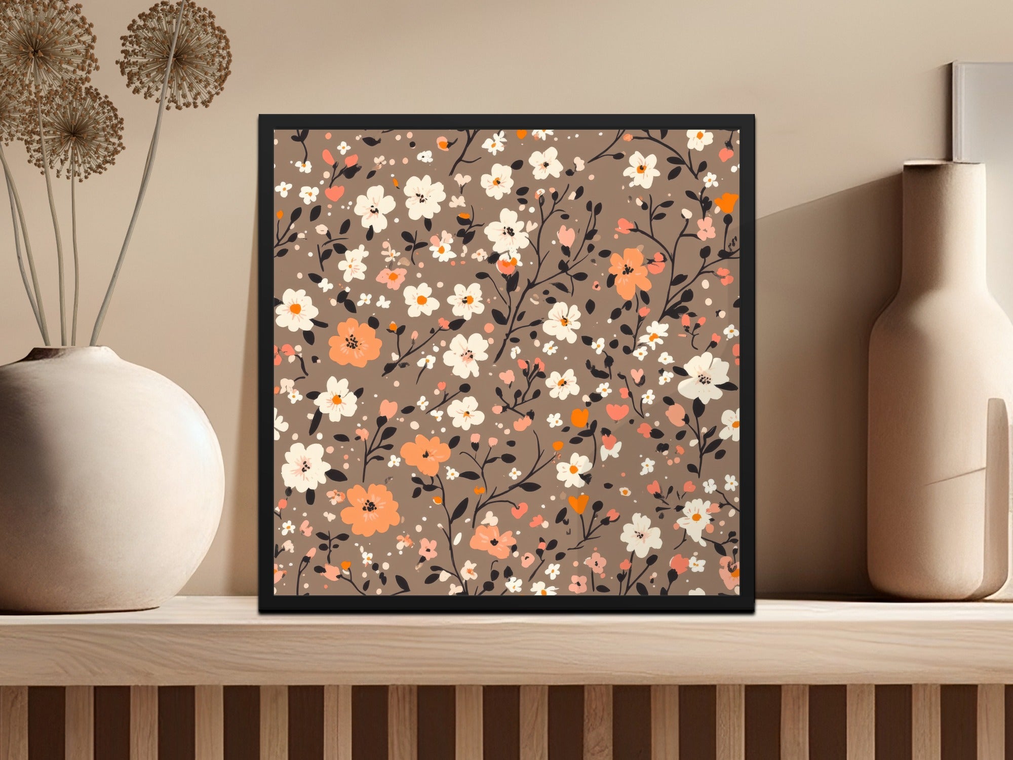 Floral Pattern on Brown Background Art Print