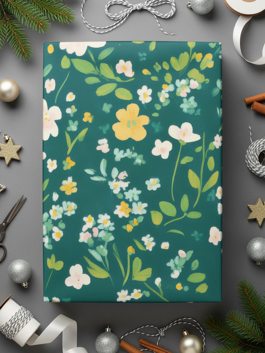 Floral Patterned Green Gift Wrapping Paper Christmas Decor