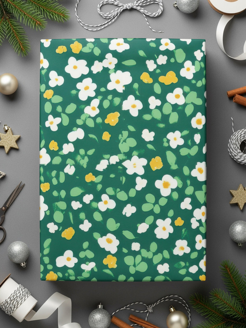 Festive Floral Green and Yellow Wrapping Paper