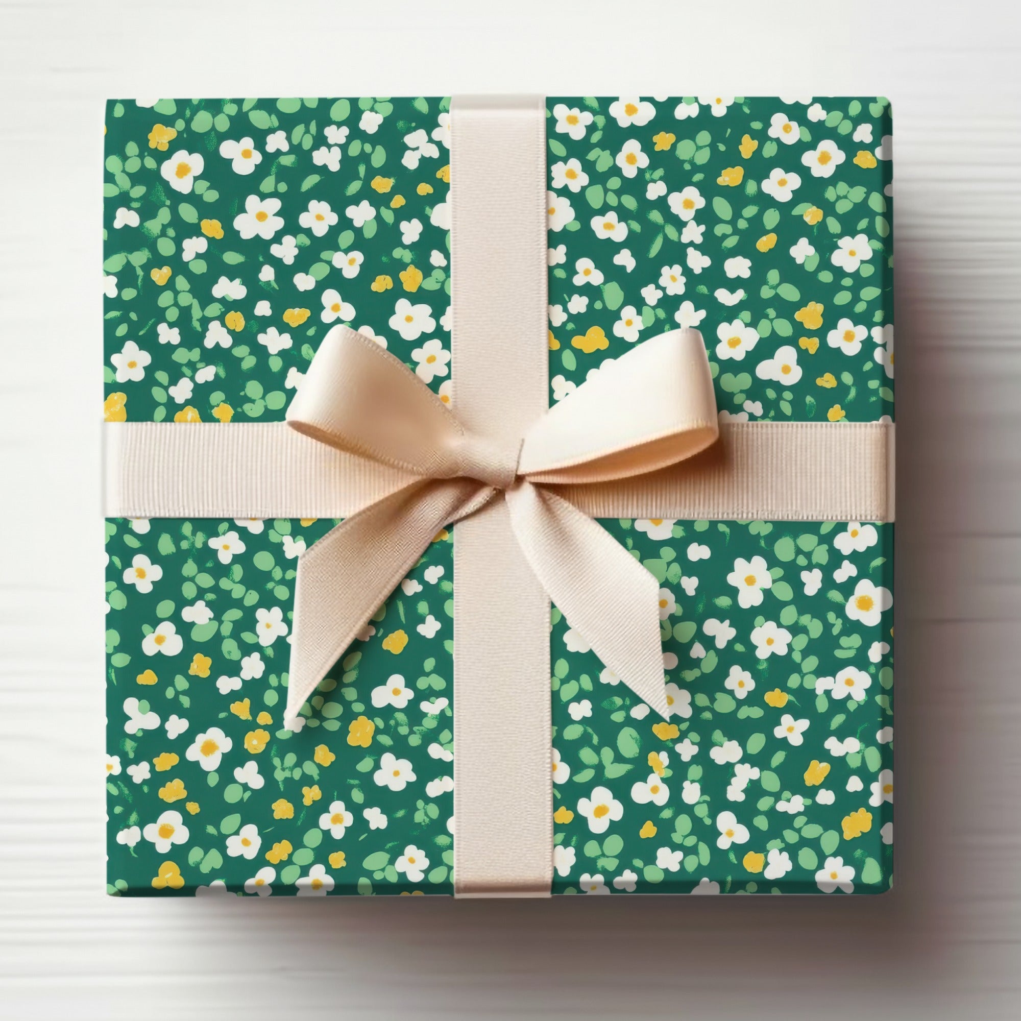Floral Green Gift Wrap with Beige Bow Gift Packaging