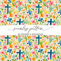 Spring Easter Floral Cross Seamless Pattern Digital Paper Pack, Watercolor Flowers Background Texture, Christian Themed Design, Printable Scrapbook - Moore and Mountain