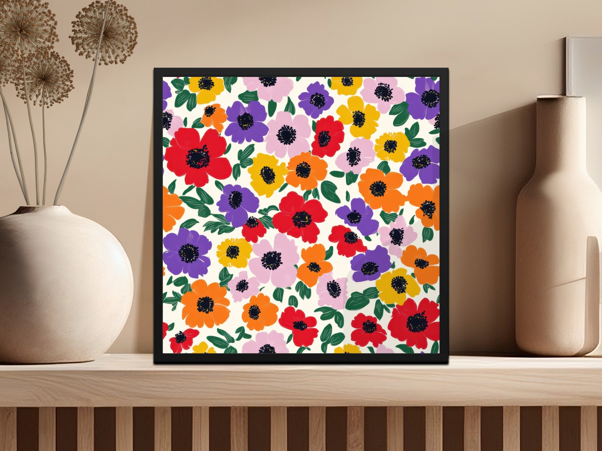 Colorful Floral Pattern in Black Frame Wall Art