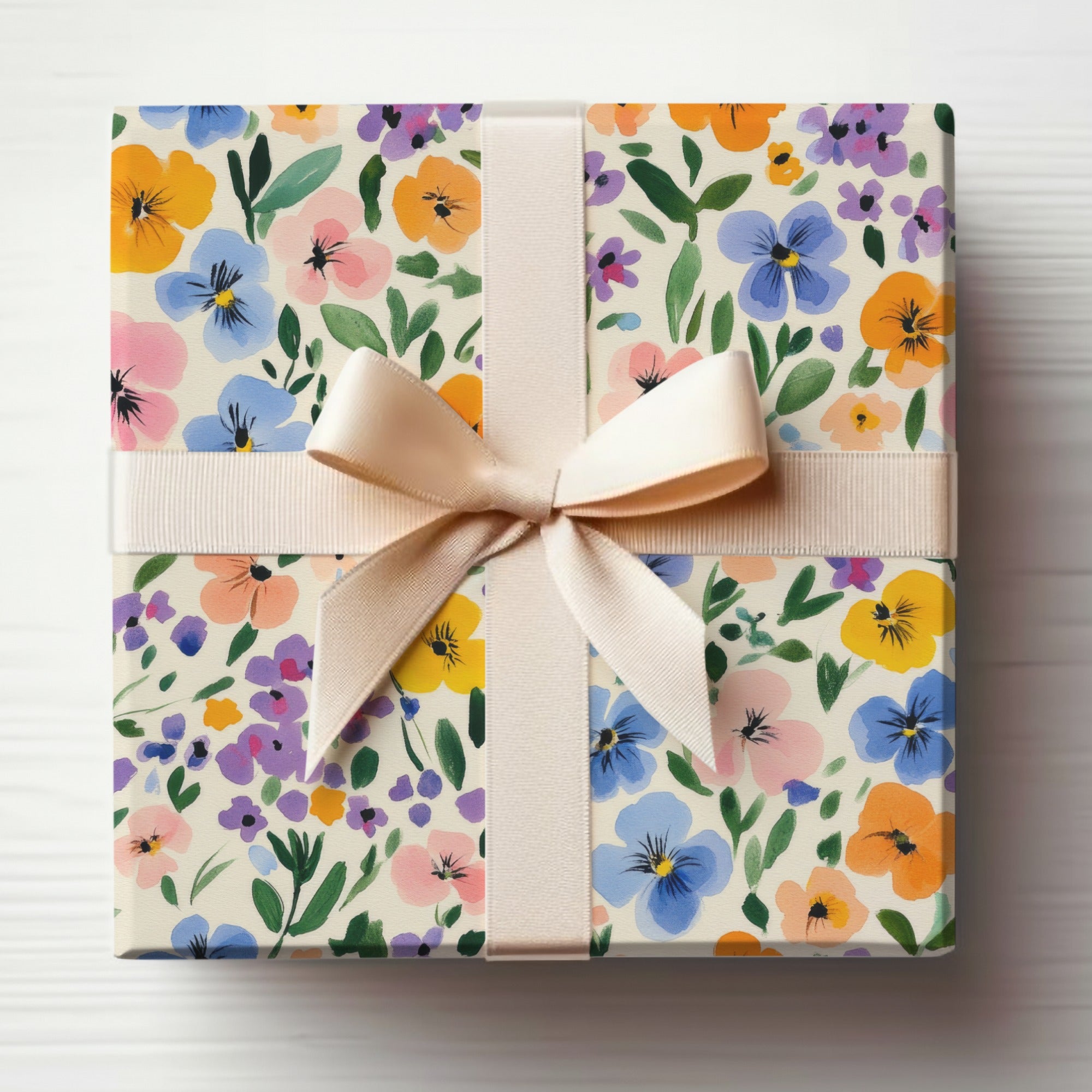 Floral Patterned Gift Box with Beige Ribbon