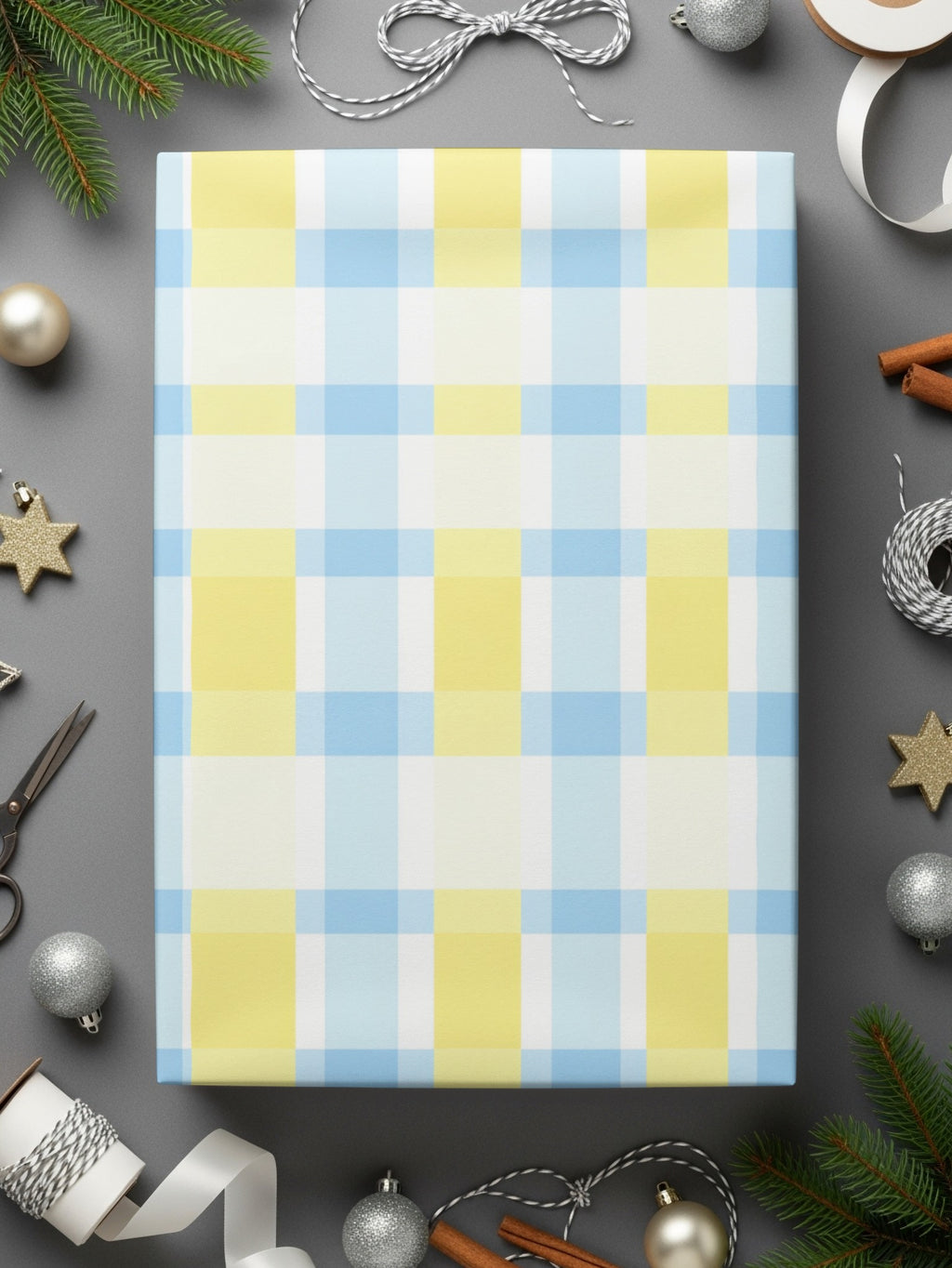 Festive Blue and Yellow Plaid Wrapping Paper Roll