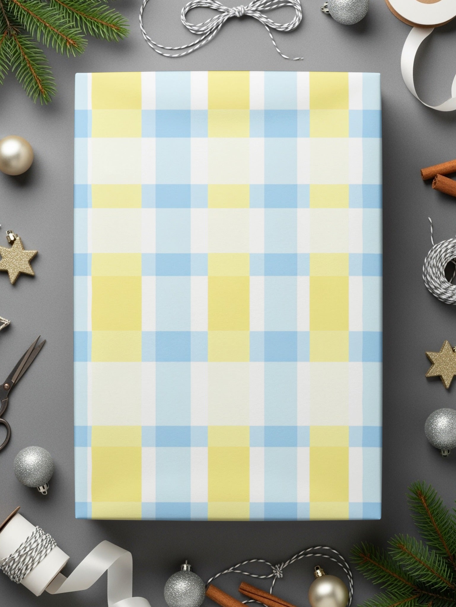 Festive Blue and Yellow Plaid Wrapping Paper Roll