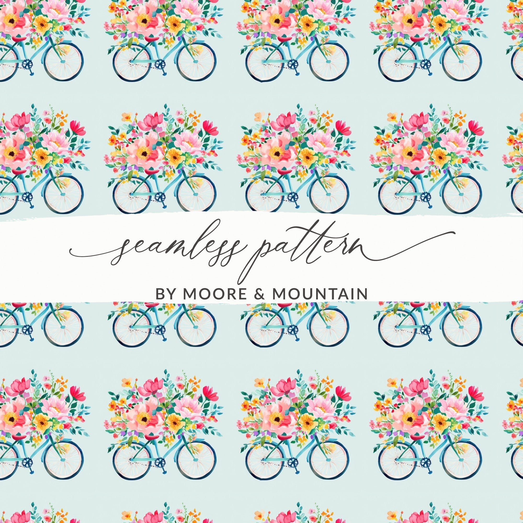 Spring Seamless Bicycle with Floral Basket Pattern Digital - Moore and Mountain