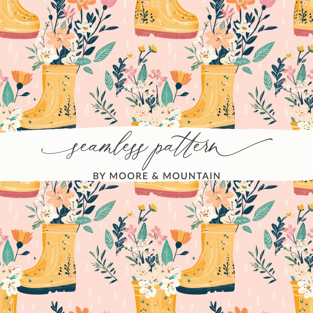 Spring Showers Floral Rain Boots Seamless Pattern for Fabric - Moore and Mountain