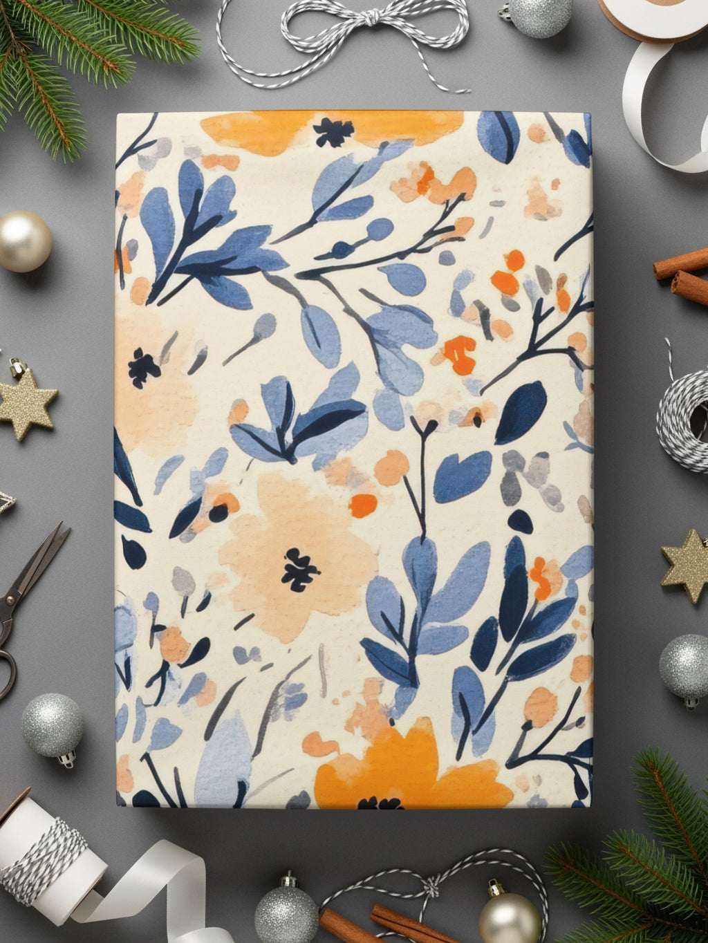 Blue and Orange Floral Patterned Wrapping Paper