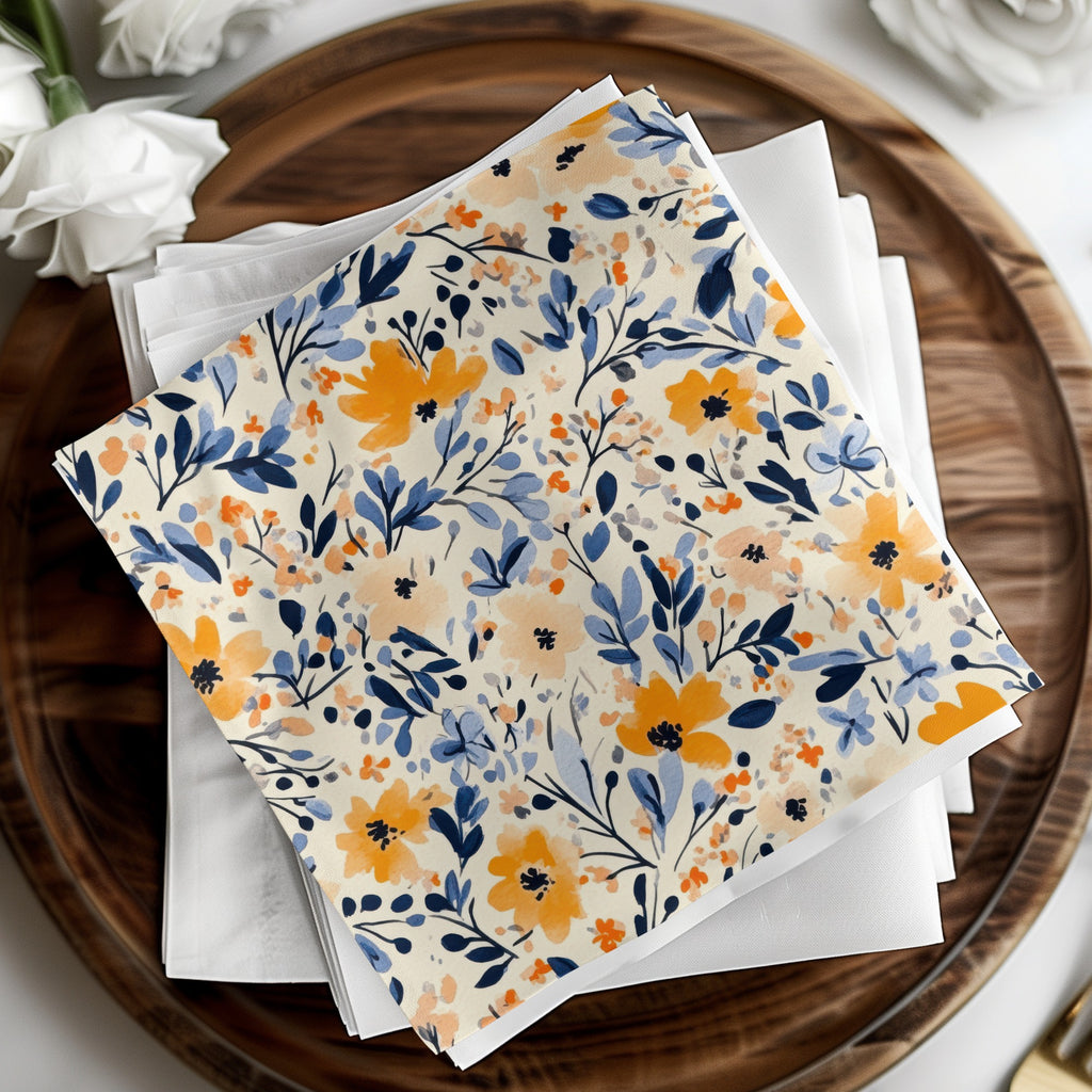 Vibrant Blue and Orange Floral Pattern Napkin