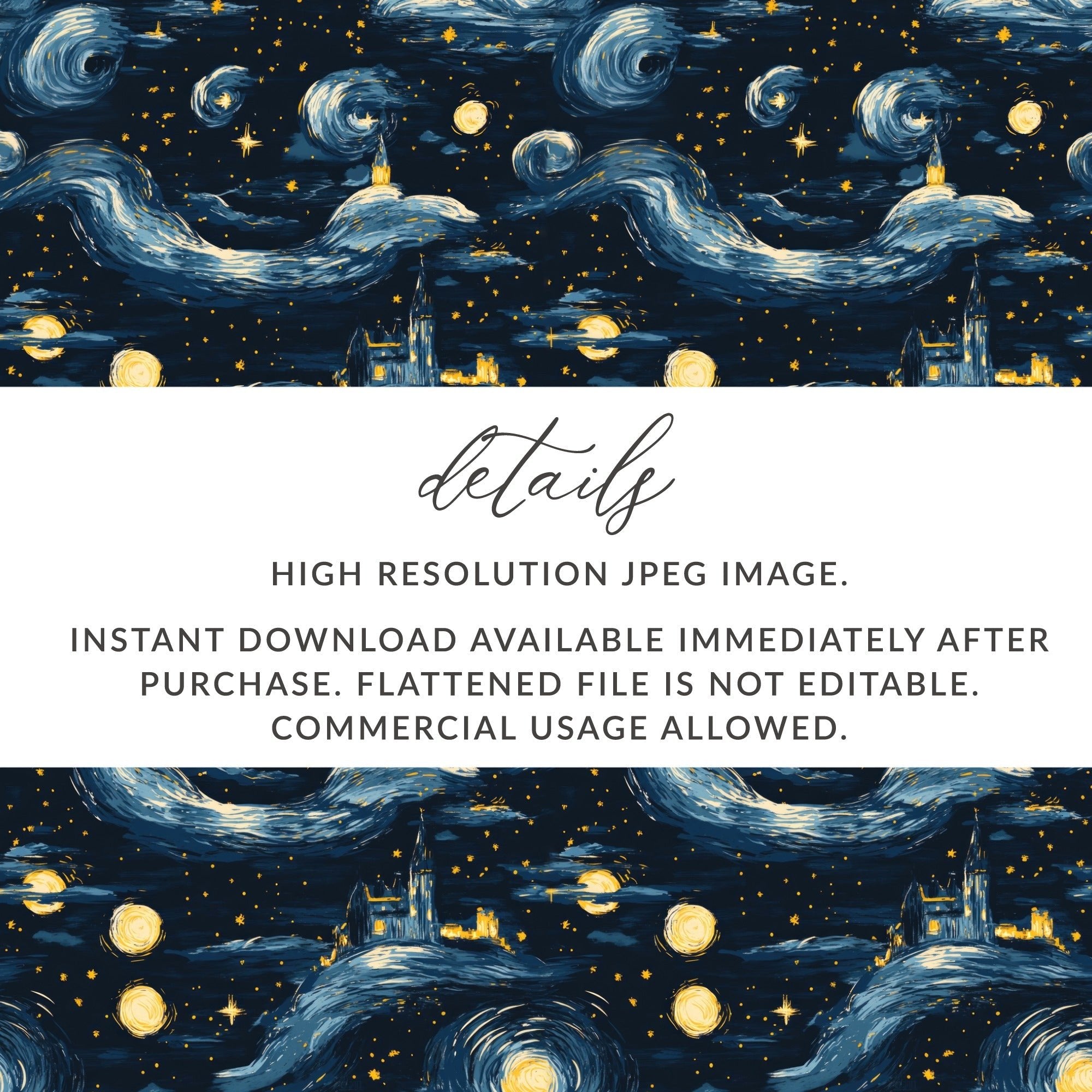 Starry Night Castle, Digital Seamless Pattern, JPEG Files, 12x12 Inches, Van Gogh Style, Fantasy Landscape, Night Sky, Digital Paper - Moore and Mountain