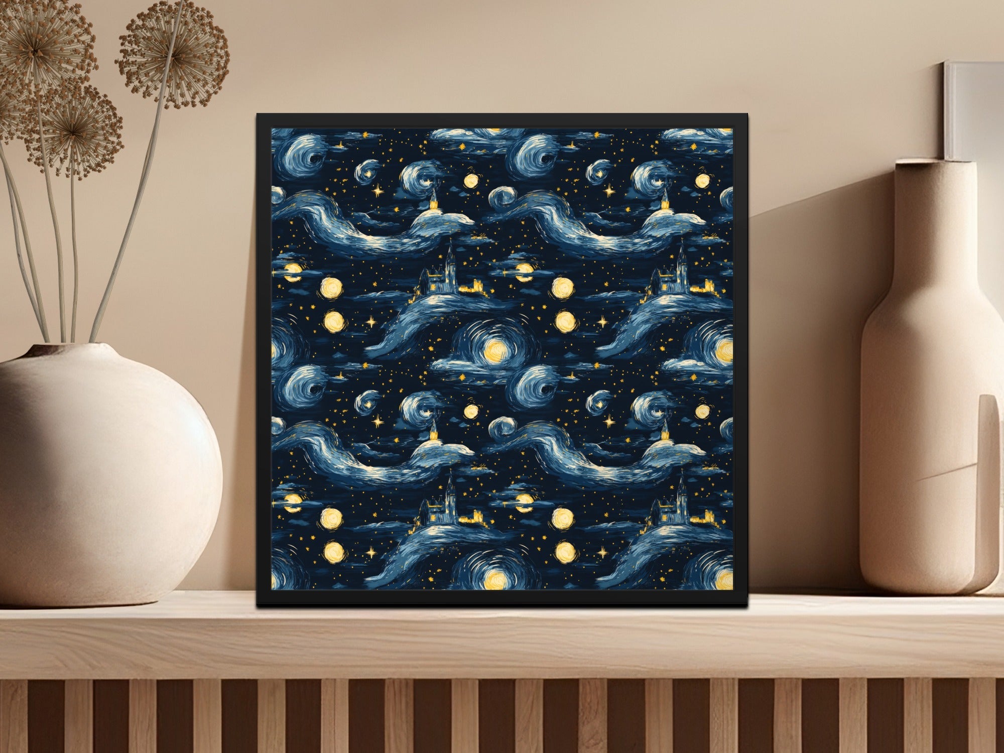 Starry Night Castle, Digital Seamless Pattern, JPEG Files, 12x12 Inches, Van Gogh Style, Fantasy Landscape, Night Sky, Digital Paper - Moore and Mountain