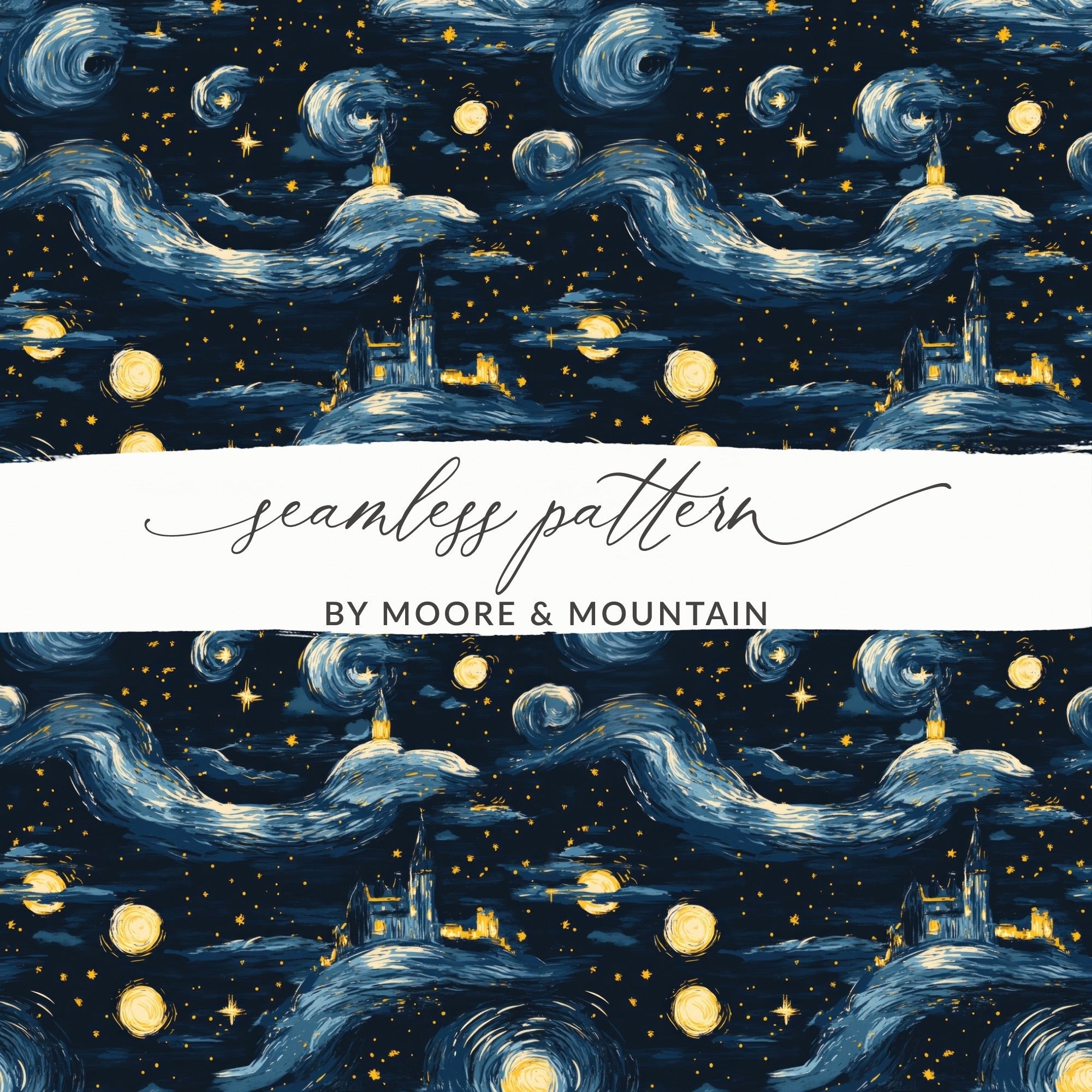Starry Night Castle, Digital Seamless Pattern, JPEG Files, 12x12 Inches, Van Gogh Style, Fantasy Landscape, Night Sky, Digital Paper - Moore and Mountain
