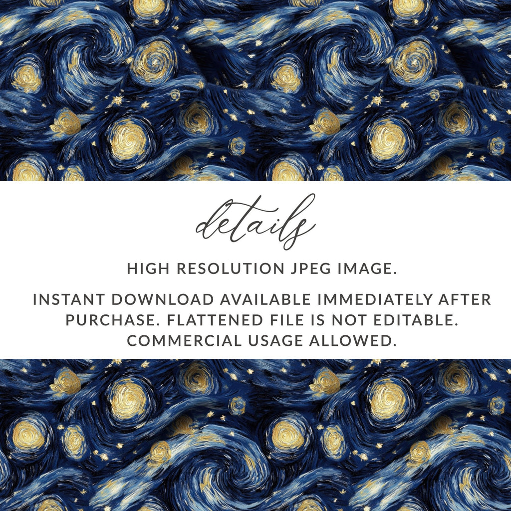 Starry Night Digital Paper, Van Gogh Style, Navy Blue and Gold, Abstract Celestial Art, Seamless Pattern, Digital Download - Moore and Mountain