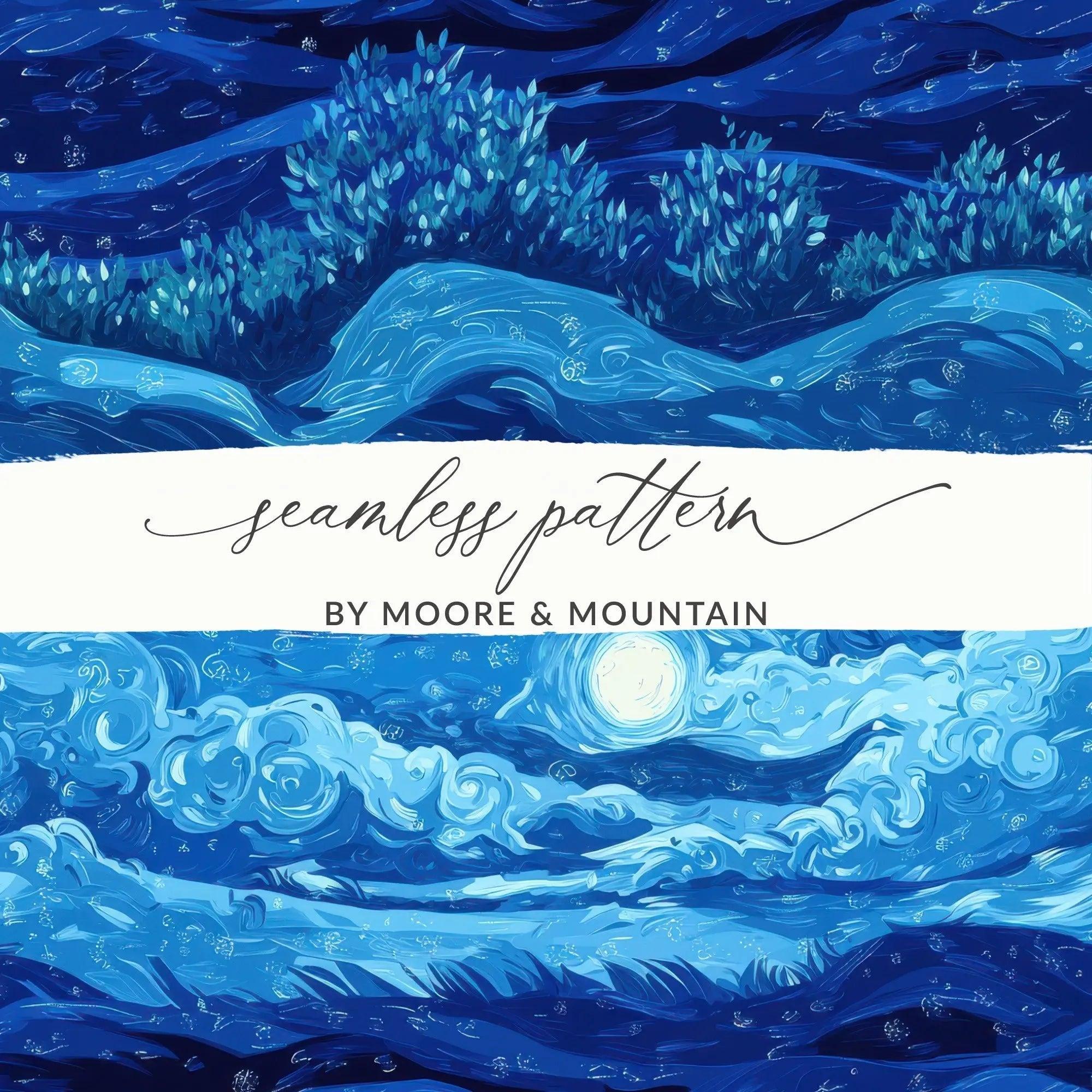 Starry Night Sky Digital, Moon Art Digital, Blue Landscape Digital, Seamless Pattern Digital, JPEG Digital, Van Gogh Style Digital - Moore and Mountain