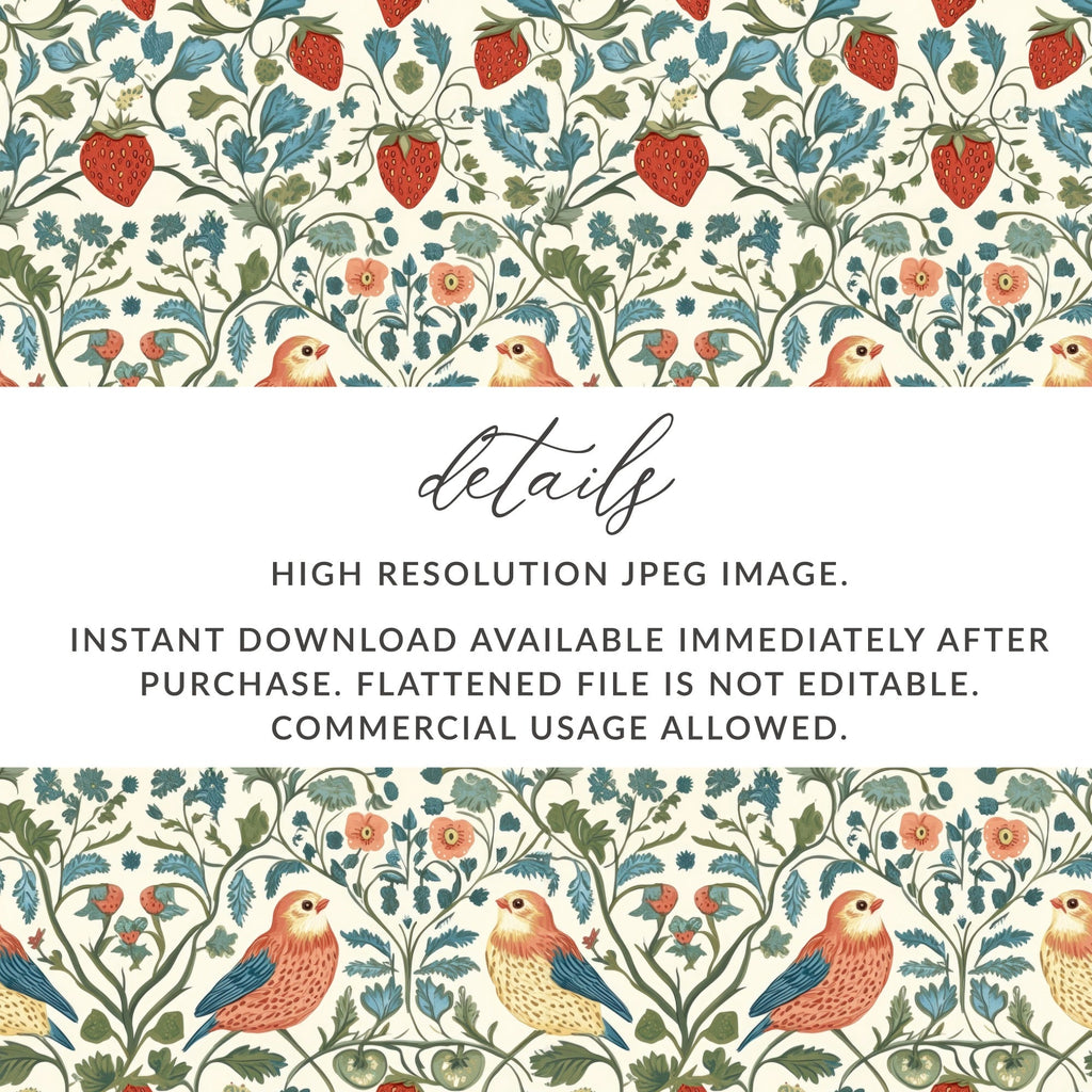 Strawberry Bird Digital Paper, Floral Seamless Pattern, Botanical Print, Fabric Design, Scrapbook Paper, Digital Download, JPEG Files - Moore and Mountain