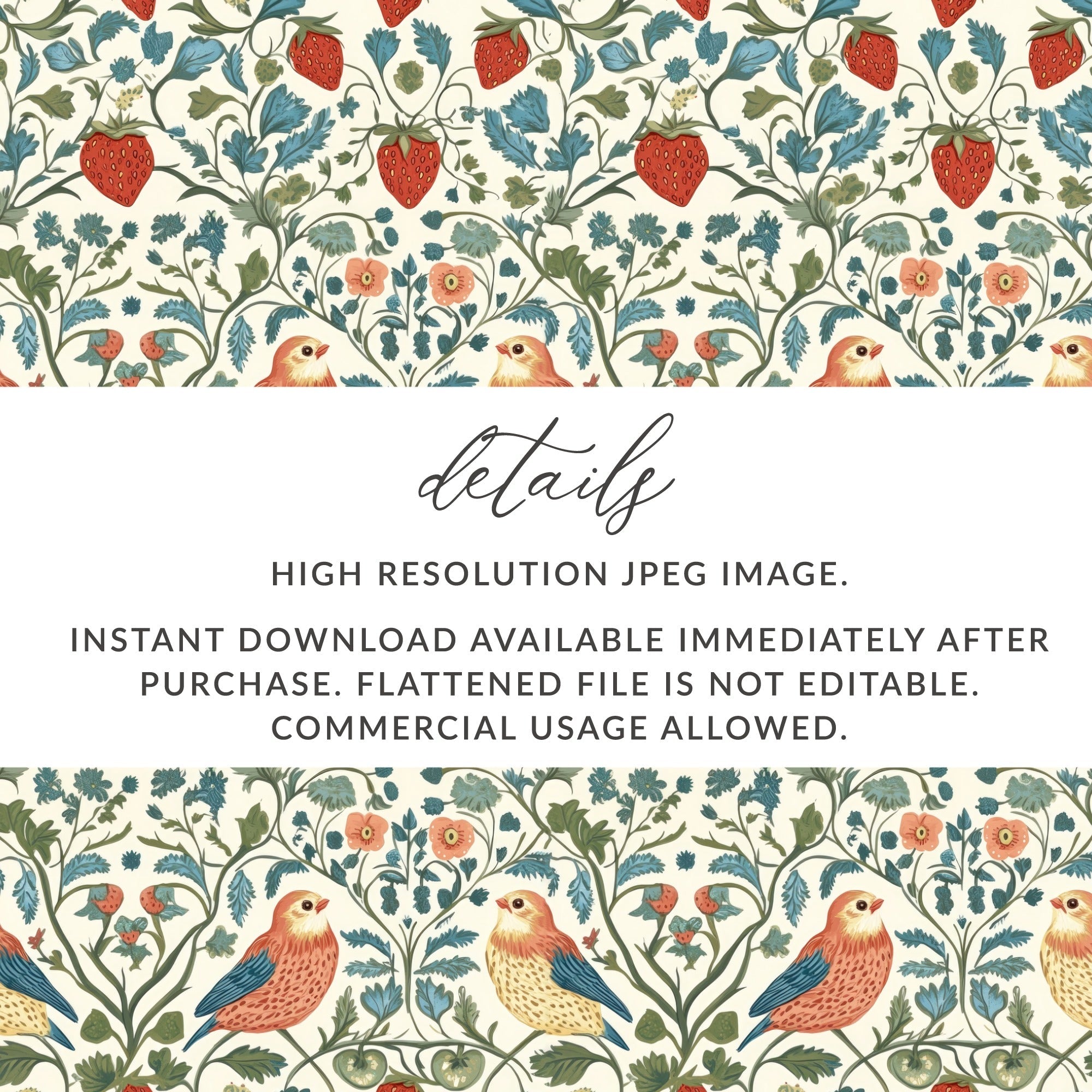 Strawberry Bird Digital Paper, Floral Seamless Pattern, Botanical Print, Fabric Design, Scrapbook Paper, Digital Download, JPEG Files - Moore and Mountain