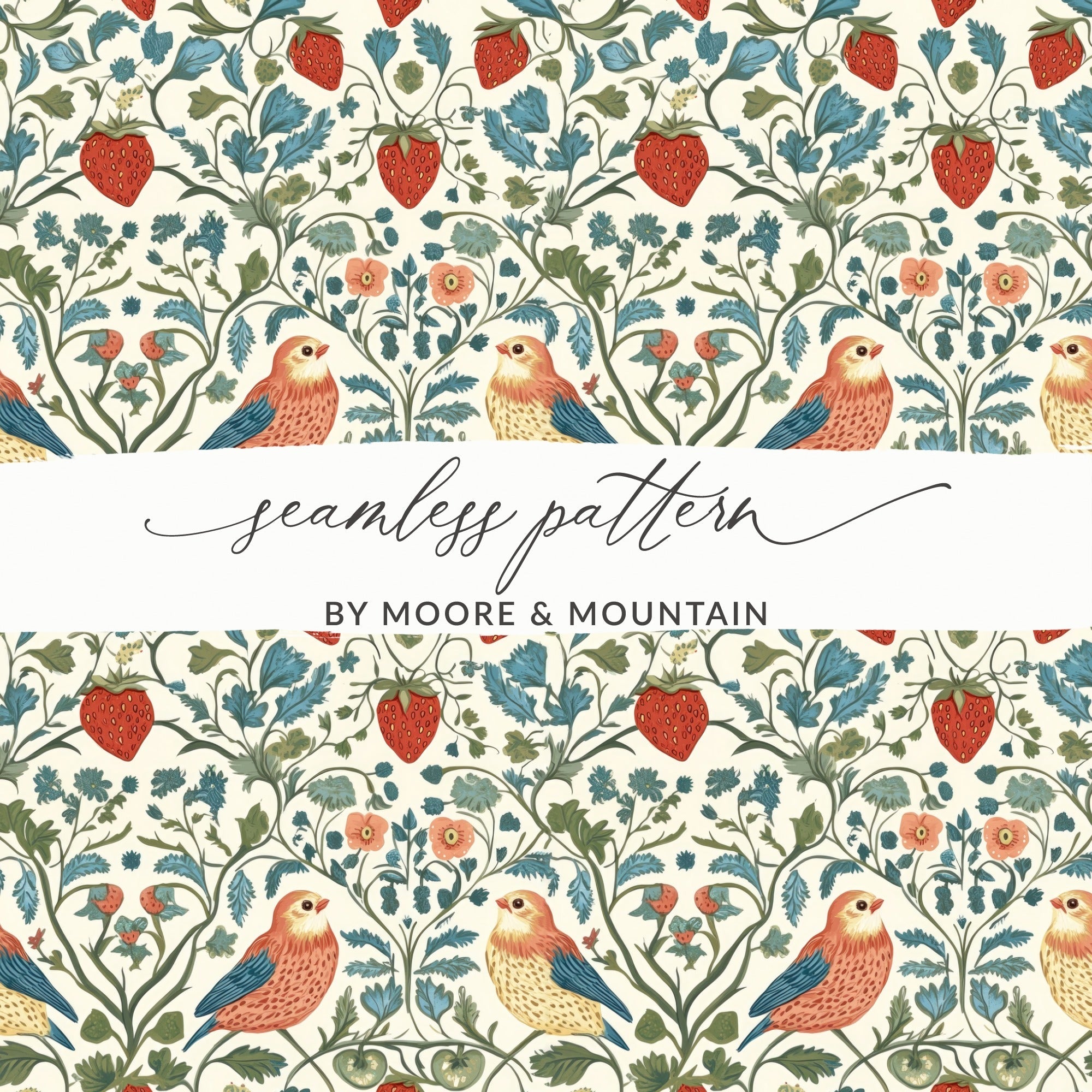 Strawberry Bird Digital Paper, Floral Seamless Pattern, Botanical Print, Fabric Design, Scrapbook Paper, Digital Download, JPEG Files - Moore and Mountain