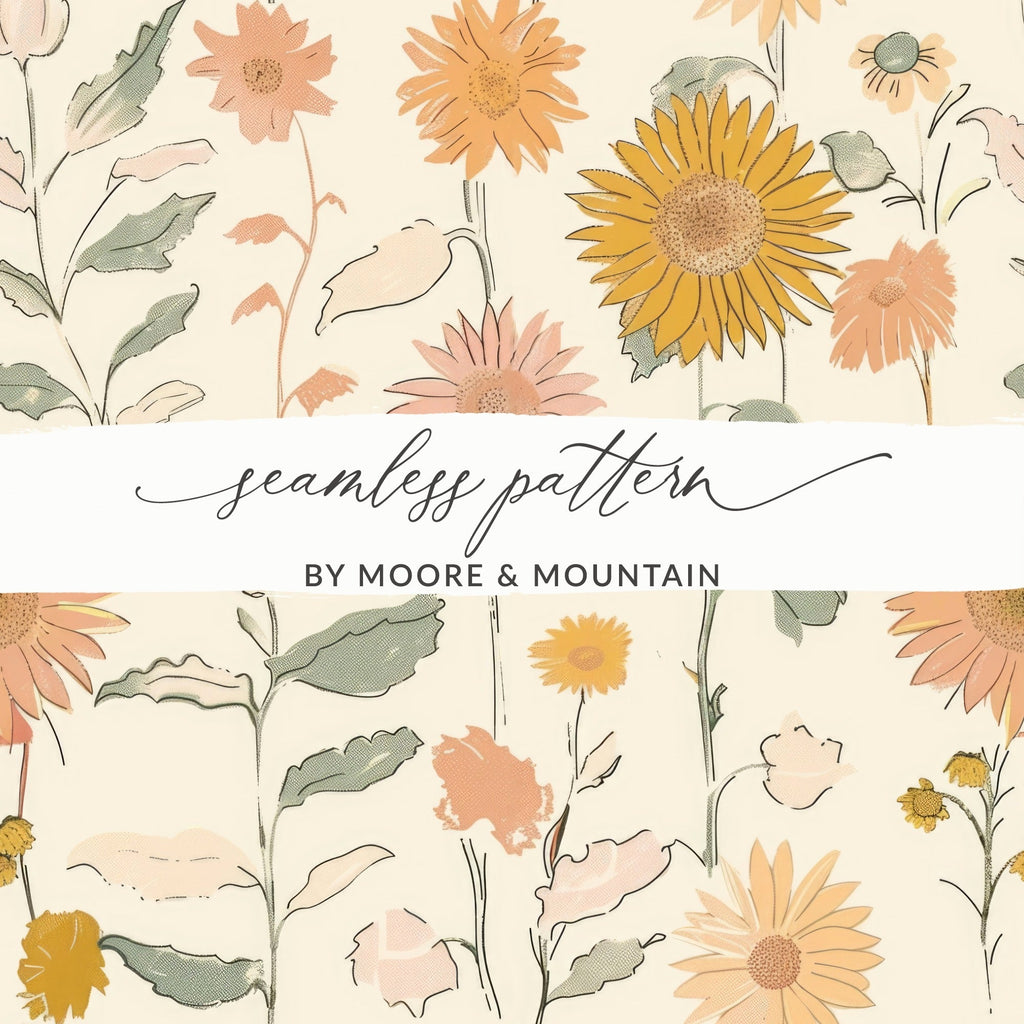 Sunflower Digital Paper, Seamless Floral Pattern, Boho Chic Design, Digital Background, Fabric Design, 12x12 JPEG, Printable Paper - Moore and Mountain