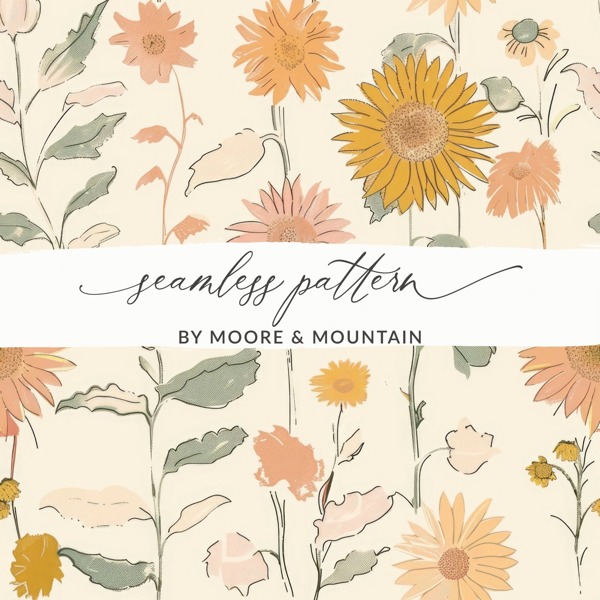 Sunflower Digital Paper, Seamless Floral Pattern, Boho Chic Design, Digital Background, Fabric Design, 12x12 JPEG, Printable Paper - Moore and Mountain