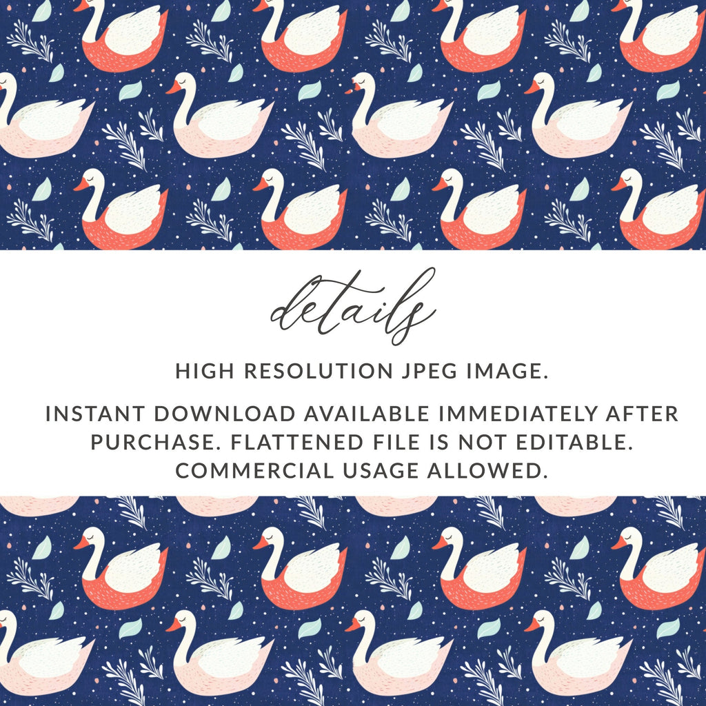 Swan Digital Paper, Seamless Pattern Design, Blue Background, 12x12 JPEG, Floral Swan Print, Fabric Design, Digital Download - Moore and Mountain