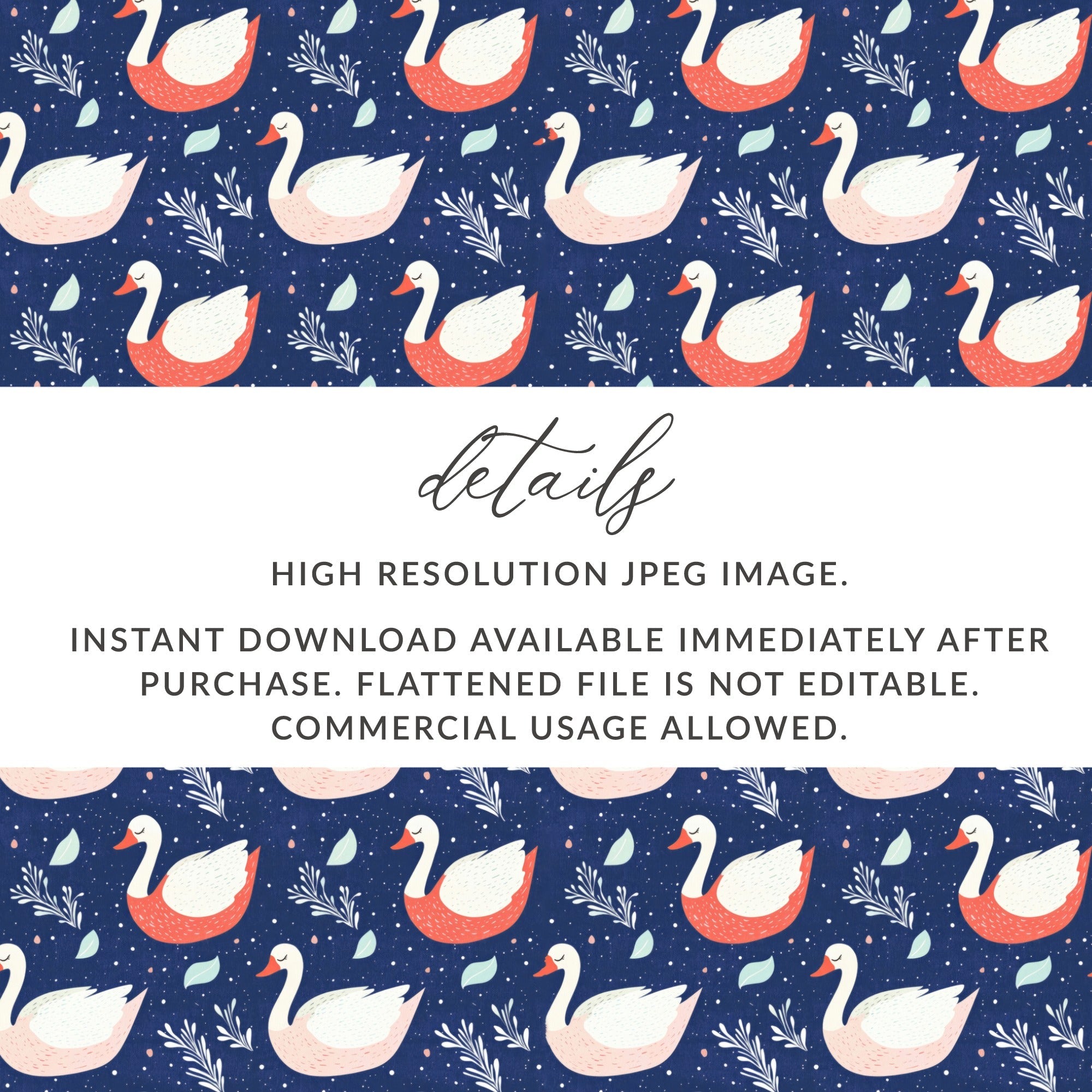 Swan Digital Paper, Seamless Pattern Design, Blue Background, 12x12 JPEG, Floral Swan Print, Fabric Design, Digital Download - Moore and Mountain