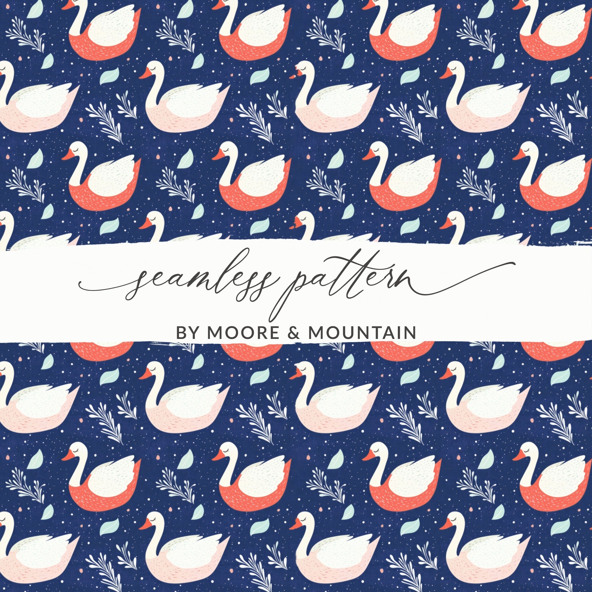 Swan Digital Paper, Seamless Pattern Design, Blue Background, 12x12 JPEG, Floral Swan Print, Fabric Design, Digital Download - Moore and Mountain
