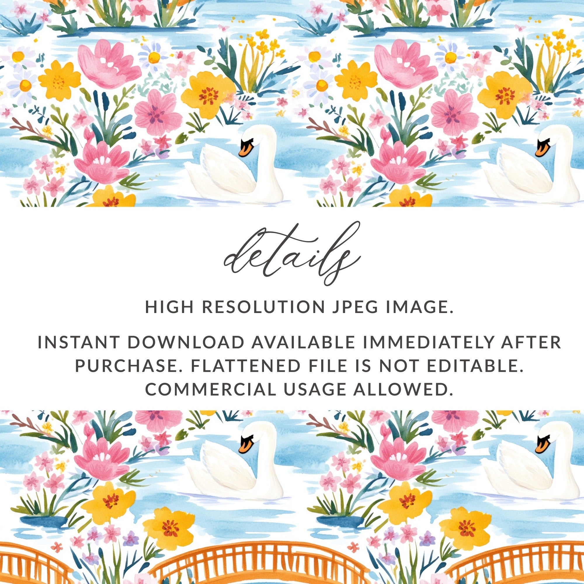 Swan Floral Digital Paper, Watercolor Seamless Pattern, Bridge Landscape, Printable Scrapbook Paper, Flower Clipart, Digital Download - Moore and Mountain