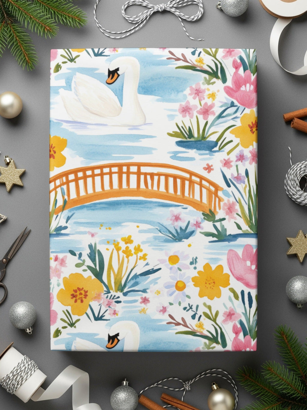 Swan Floral Digital Paper, Watercolor Seamless Pattern, Bridge Landscape, Printable Scrapbook Paper, Flower Clipart, Digital Download - Moore and Mountain
