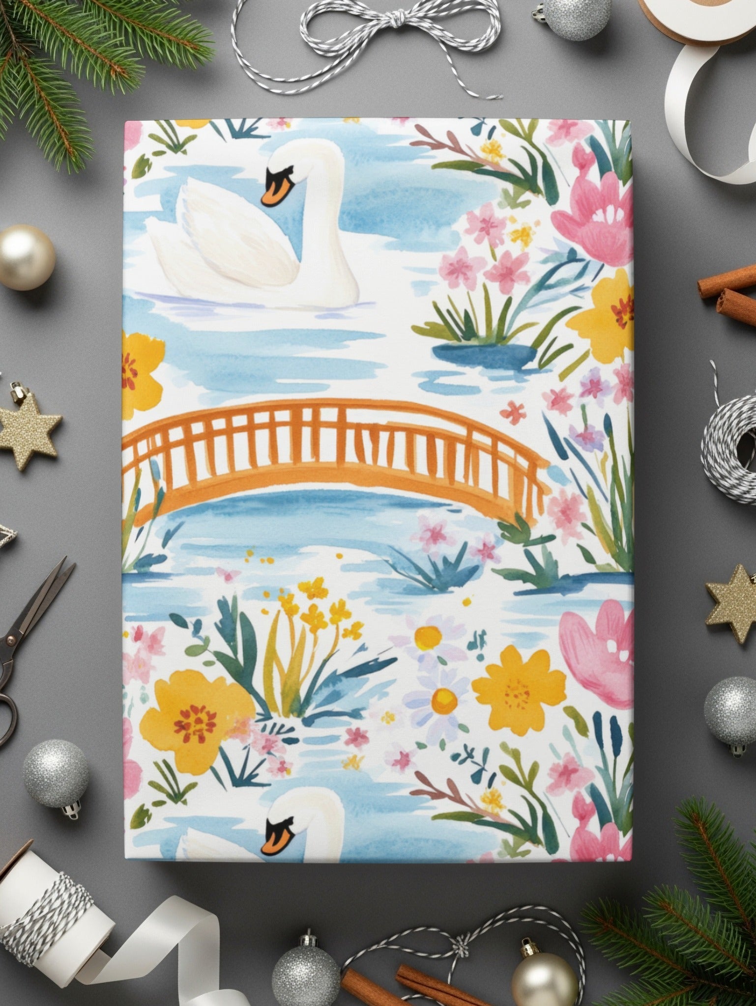 Swan Floral Digital Paper, Watercolor Seamless Pattern, Bridge Landscape, Printable Scrapbook Paper, Flower Clipart, Digital Download - Moore and Mountain