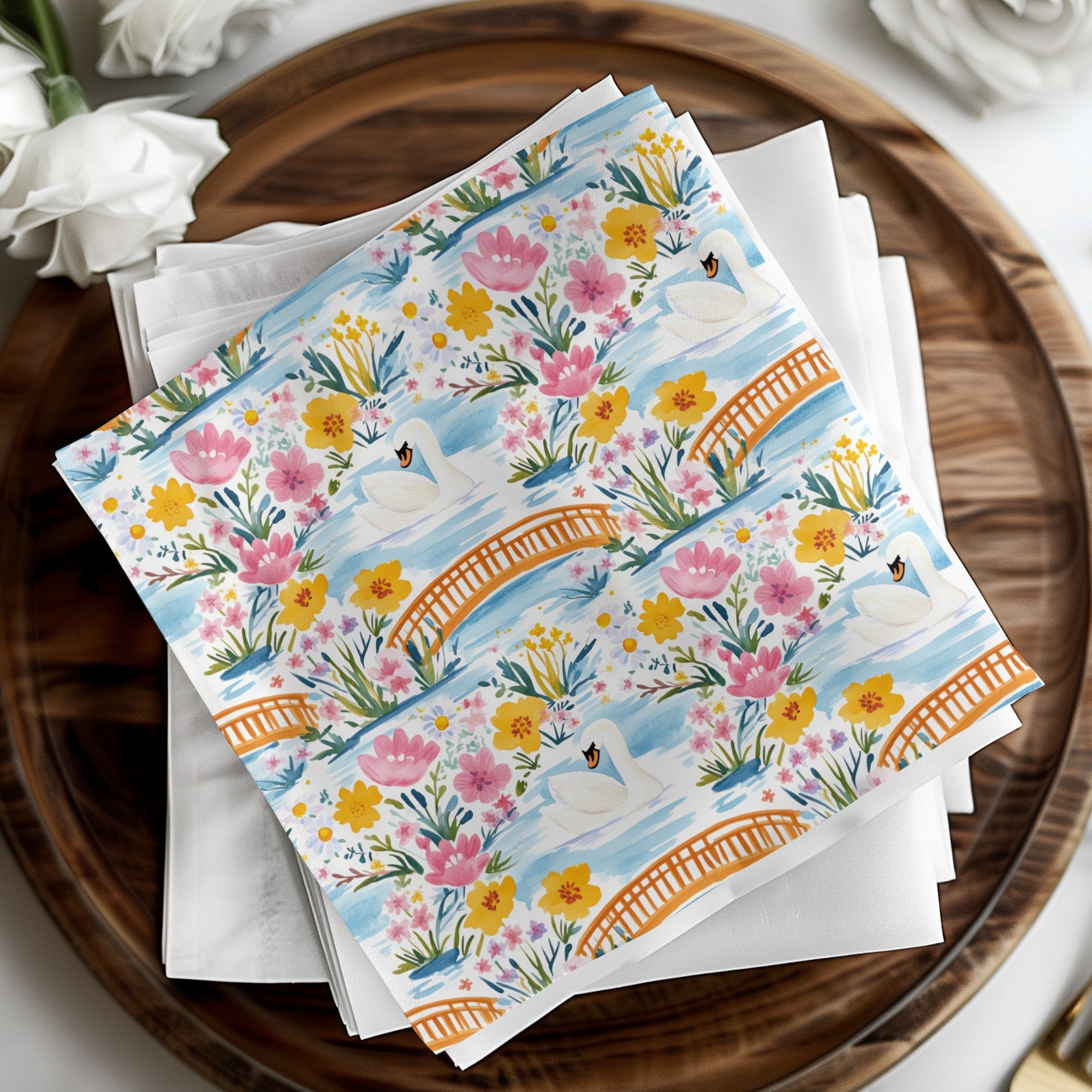 Swan Floral Digital Paper, Watercolor Seamless Pattern, Bridge Landscape, Printable Scrapbook Paper, Flower Clipart, Digital Download - Moore and Mountain