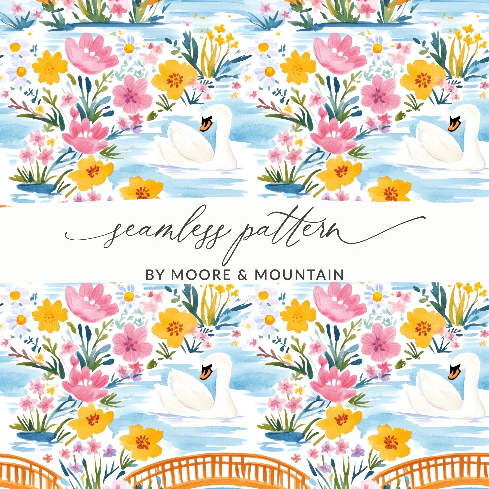 Swan Floral Digital Paper, Watercolor Seamless Pattern, Bridge Landscape, Printable Scrapbook Paper, Flower Clipart, Digital Download - Moore and Mountain