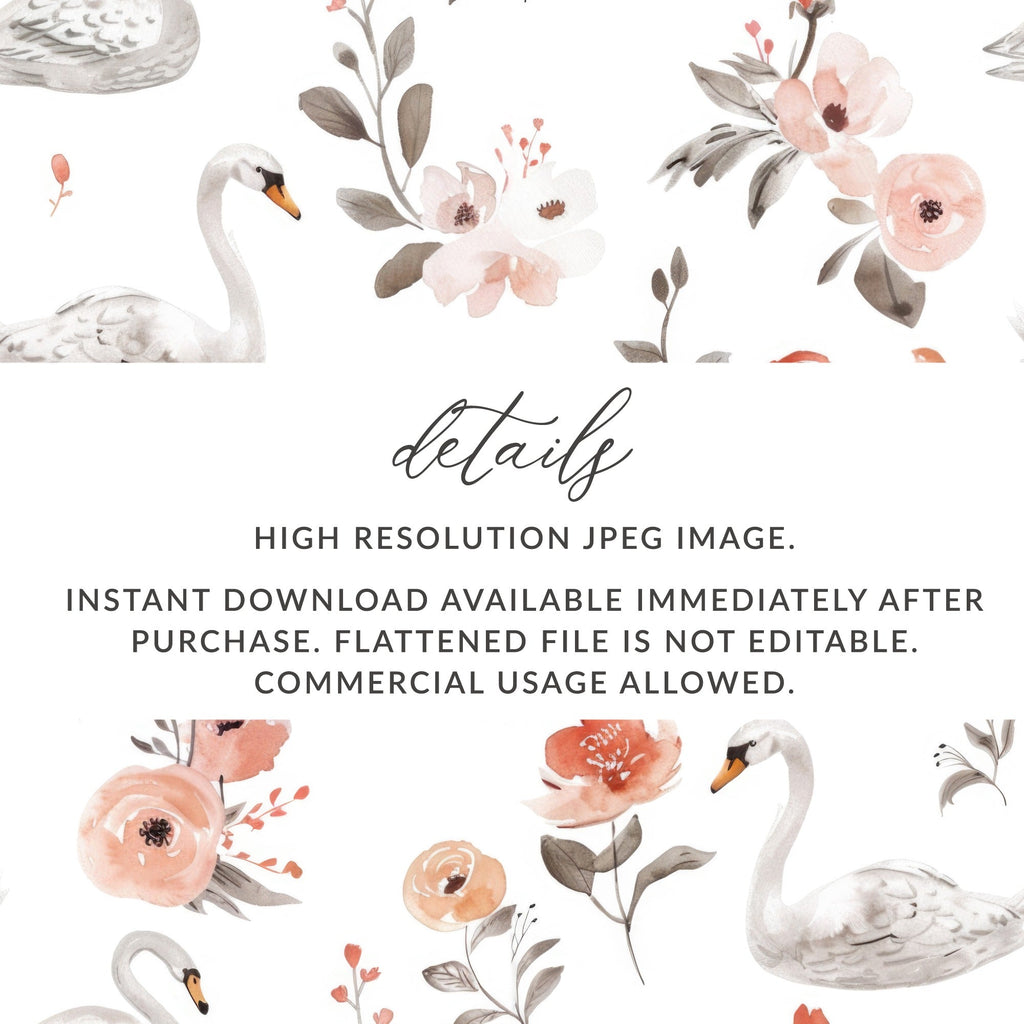 Swan Floral Seamless Pattern Digital Paper, Watercolor Swan Flower Pattern, Swan Digital Backgrounds, Pastel Floral, Digital - Moore and Mountain